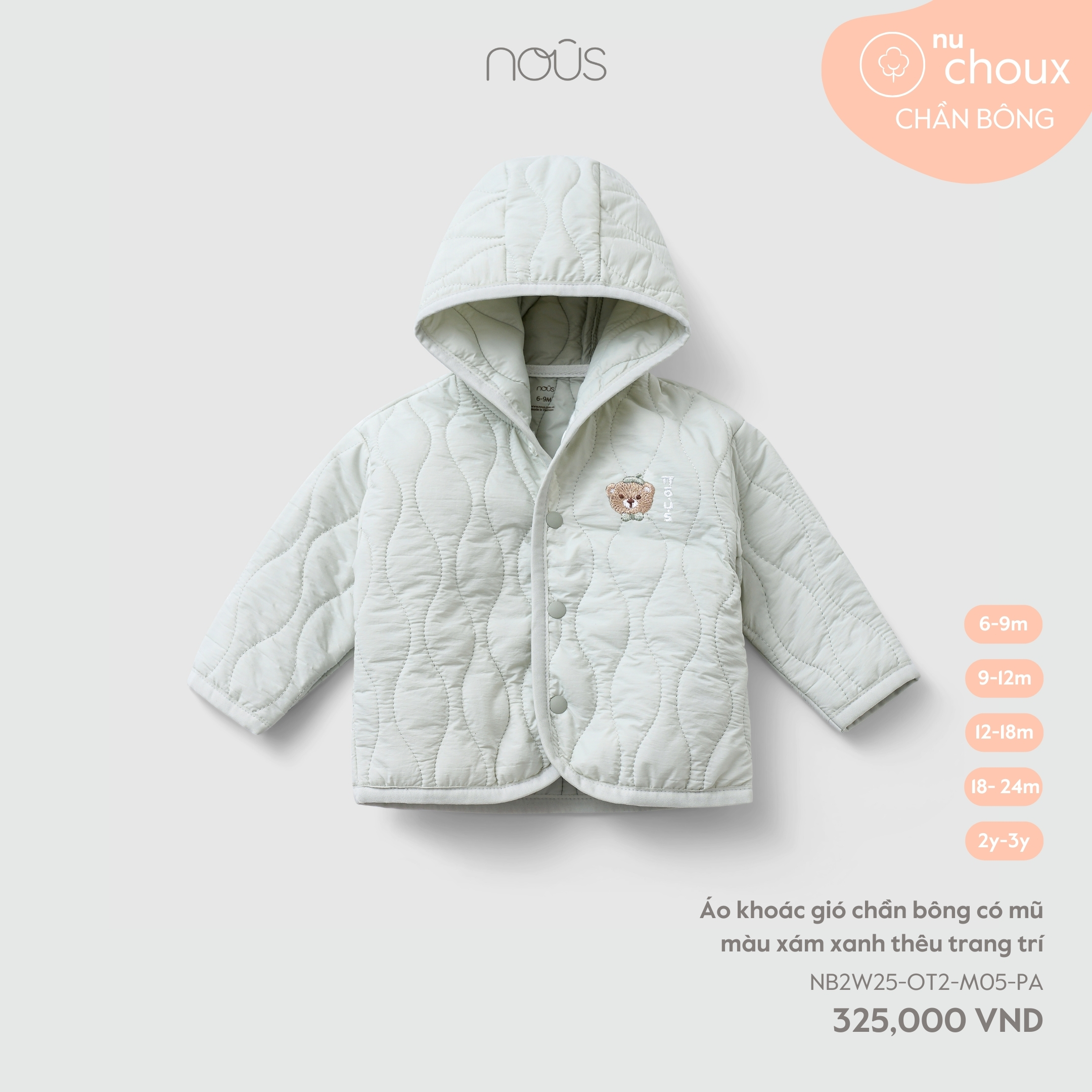 Nous Áo khoác gió chần bông có mũ màu xám xanh thêu trang trí  (12M,18M,2Y)