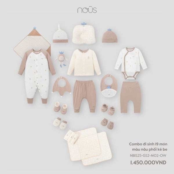 Nous Combo đi sinh 19 món màu nâu phối kẻ be Newborn