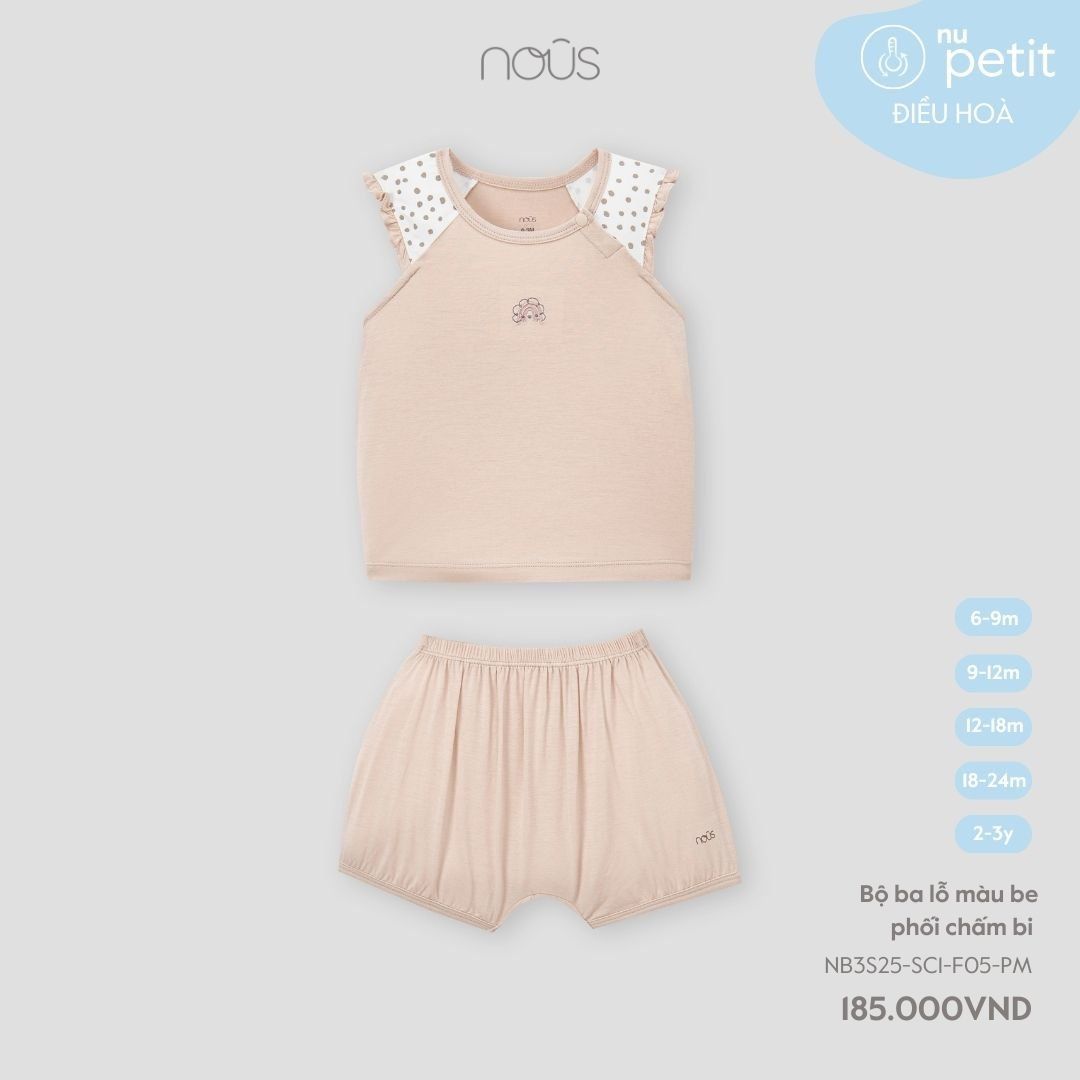 Nous Bộ ba lỗ màu be phối chấm bi 6,9,12,18M,2Y