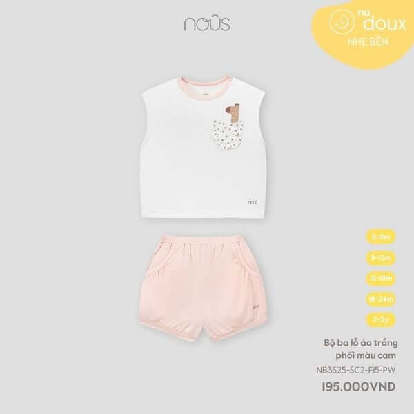 Nous Bộ ba lỗ áo trắng phối màu cam 6,9,12,18M,2Y