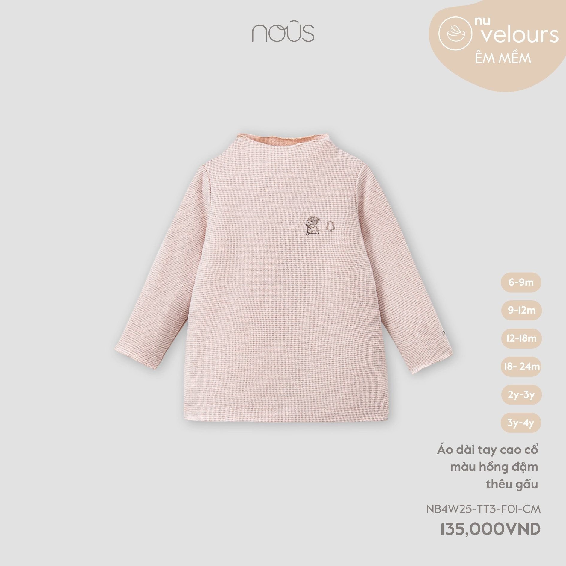 Nous Áo dài tay cao cổ màu hồng đậm thêu gấu 6,9,12,18M,2Y,3Y