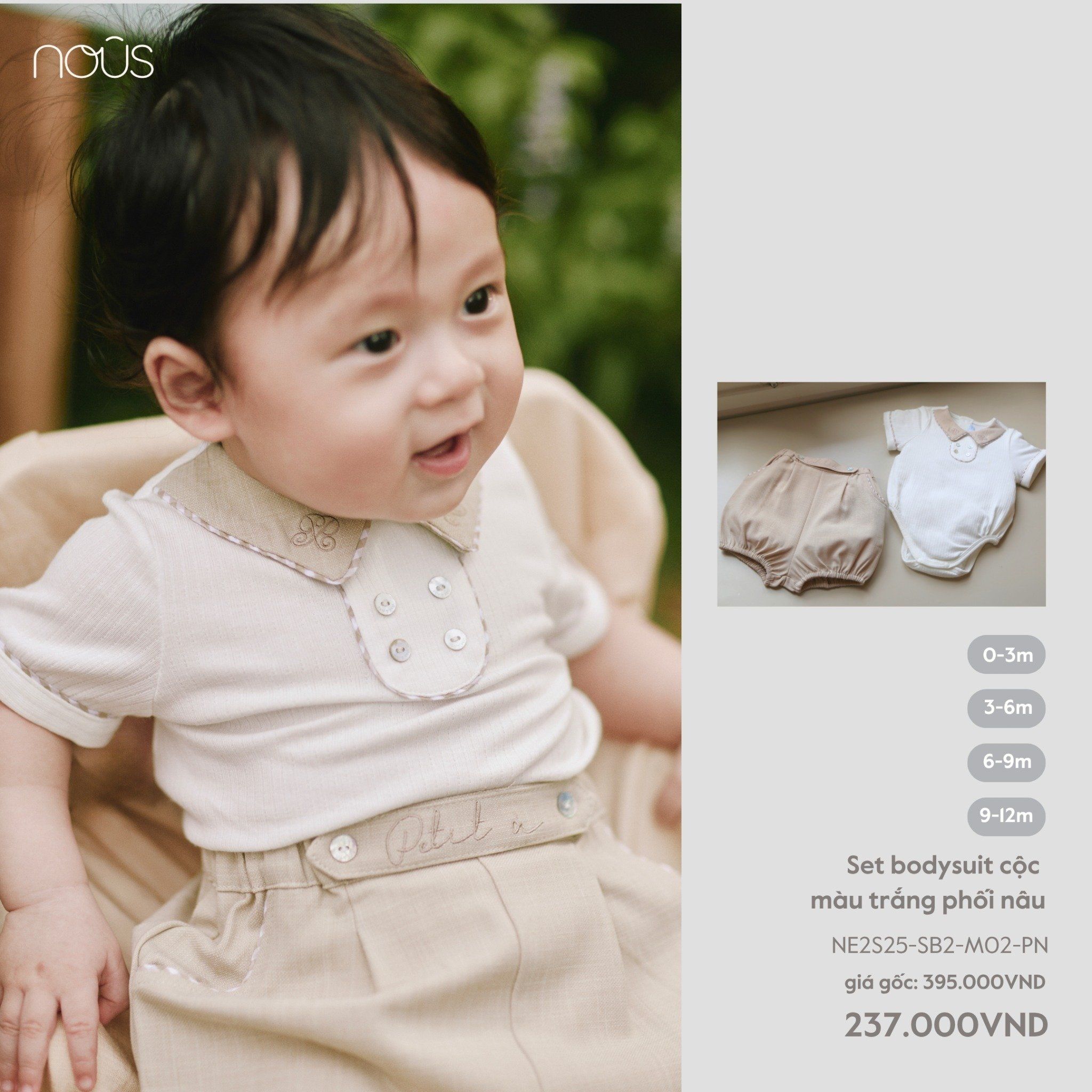 Nous Set bodysuit cộc màu trắng phối nâu 0,3,6,9 M