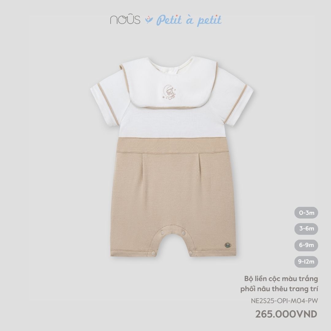 Nous Bộ liền cộc màu trắng phối nâu thêu trang trí 0,3,6,9M