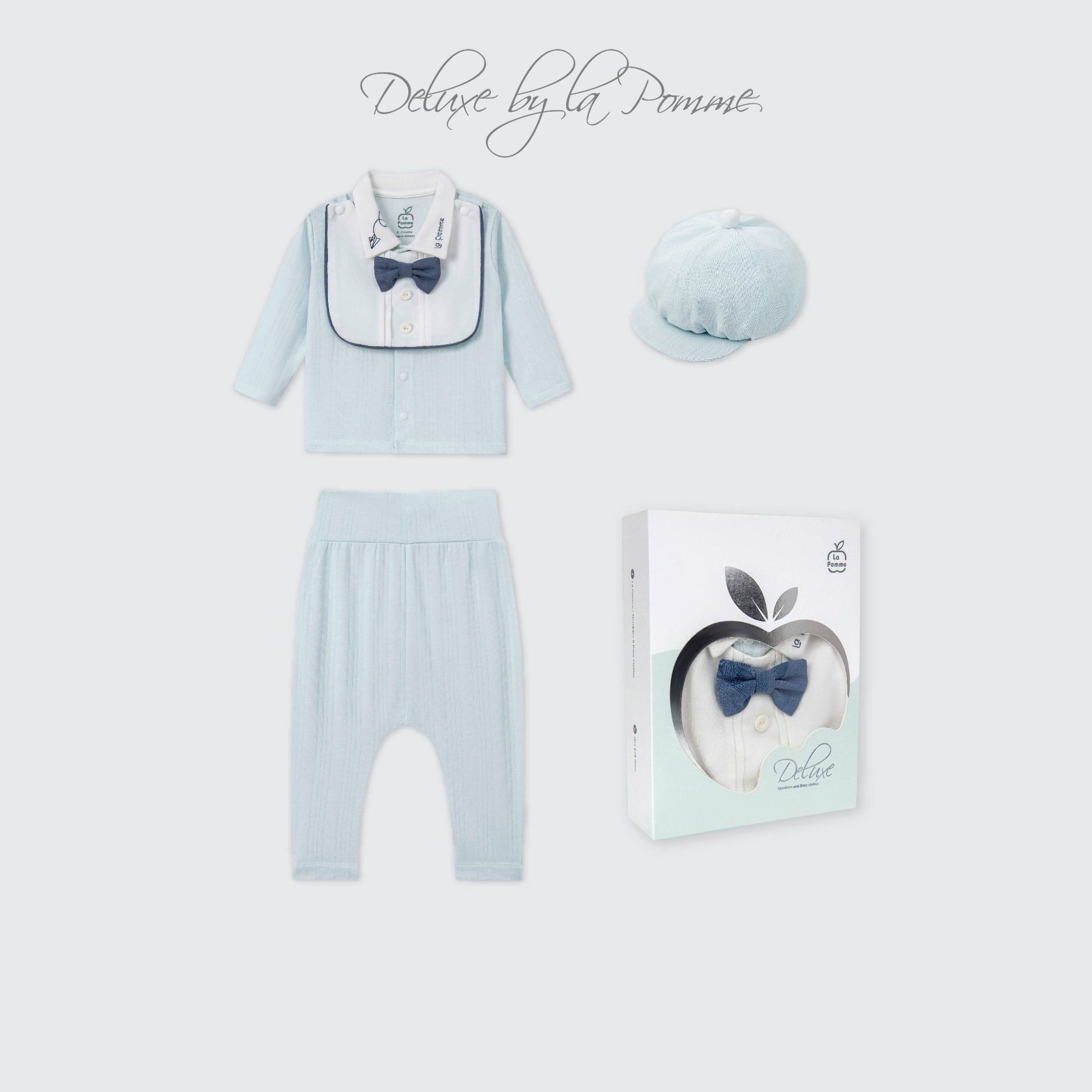 Bộ dài tay cài khuy kèm mũ La Pomme Deluxe thêu cổ thanh lịch -  0,3M Xanh