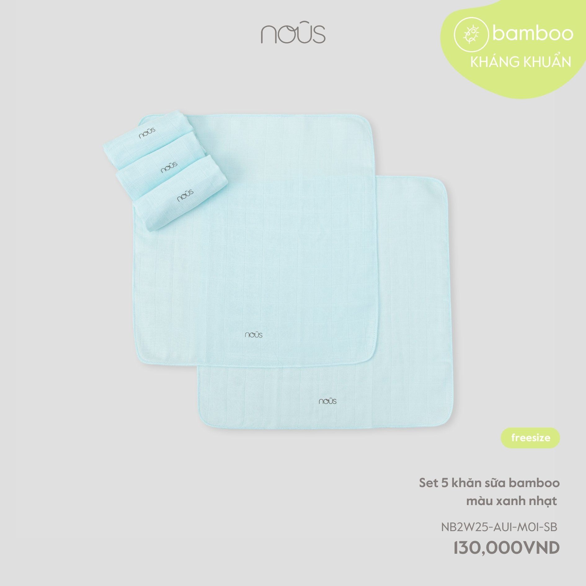 Nous Set 5 khăn sữa bamboo màu xanh nhạt