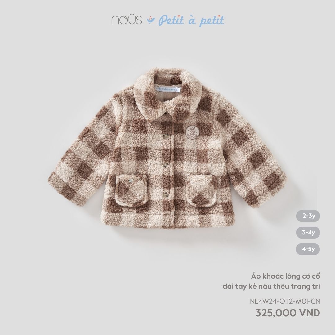 Nous Áo khoác lông có cổ dài tay kẻ nâu thêu trang trí 2Y,3Y,4Y,5Y