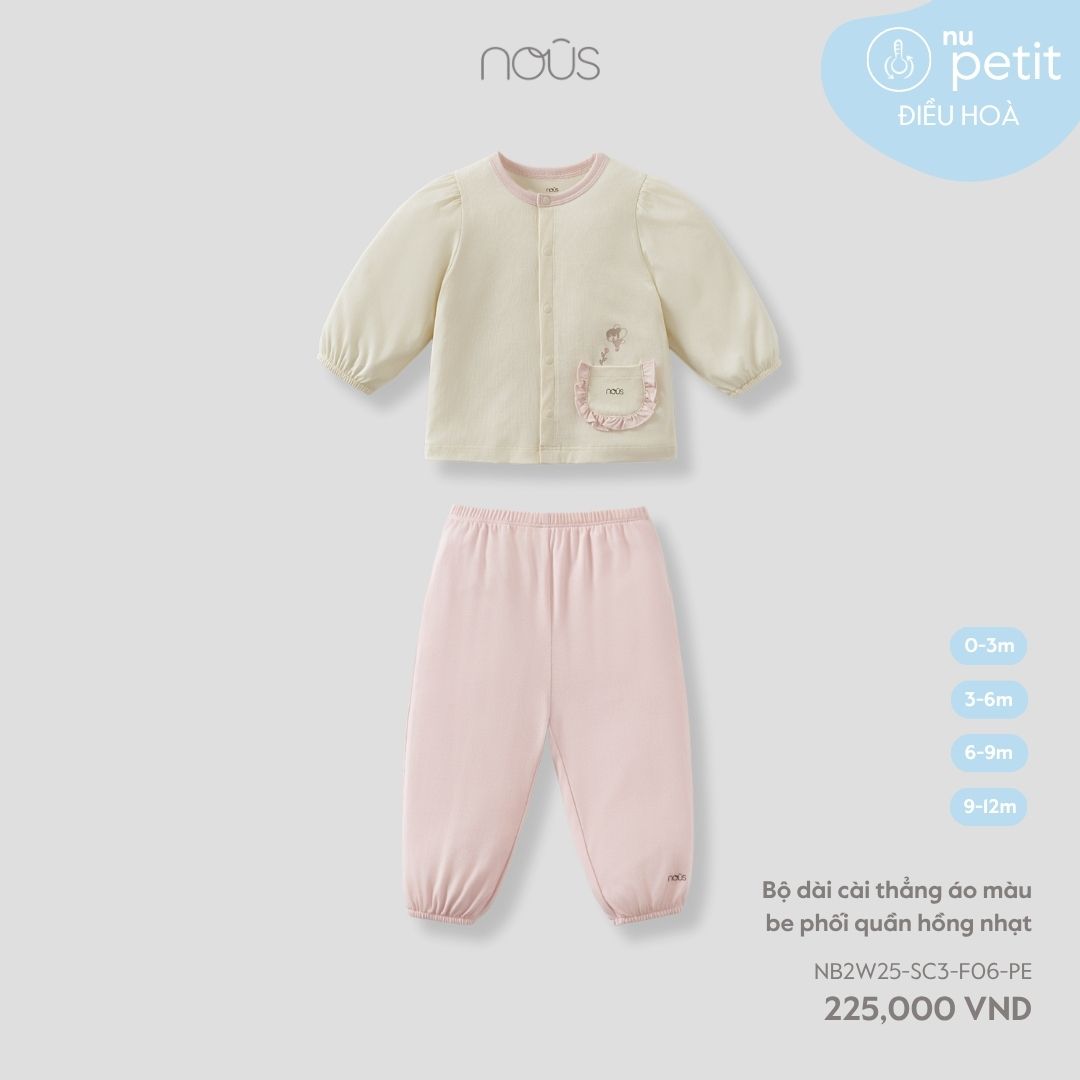 Nous Bộ dài cài thẳng áo màu be phối quần hồng nhạt 0,3,6,9M