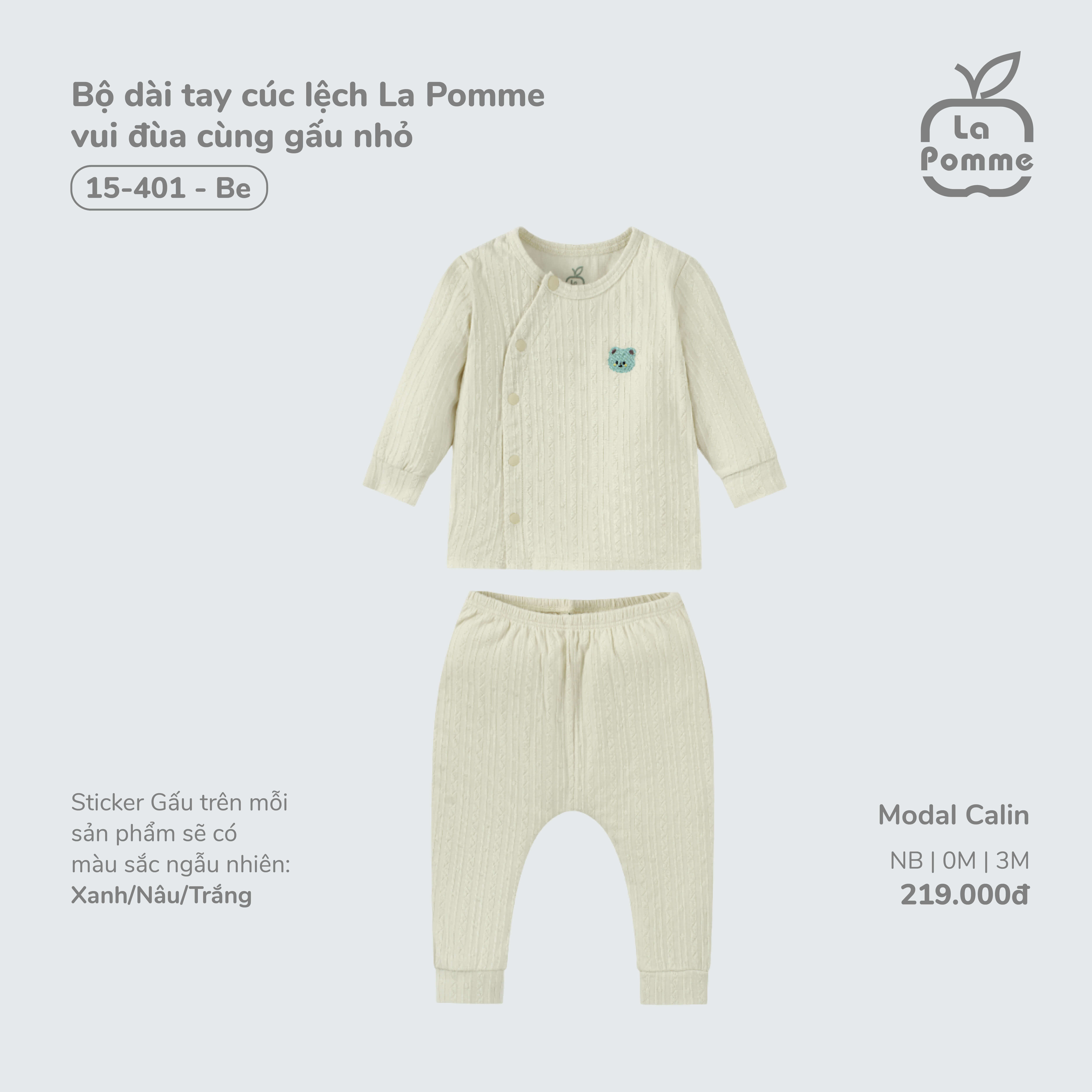 Bộ dài tay cúc lệch La Pomme vui đùa cùng gấu nhỏ - Newborn,0,3M Be