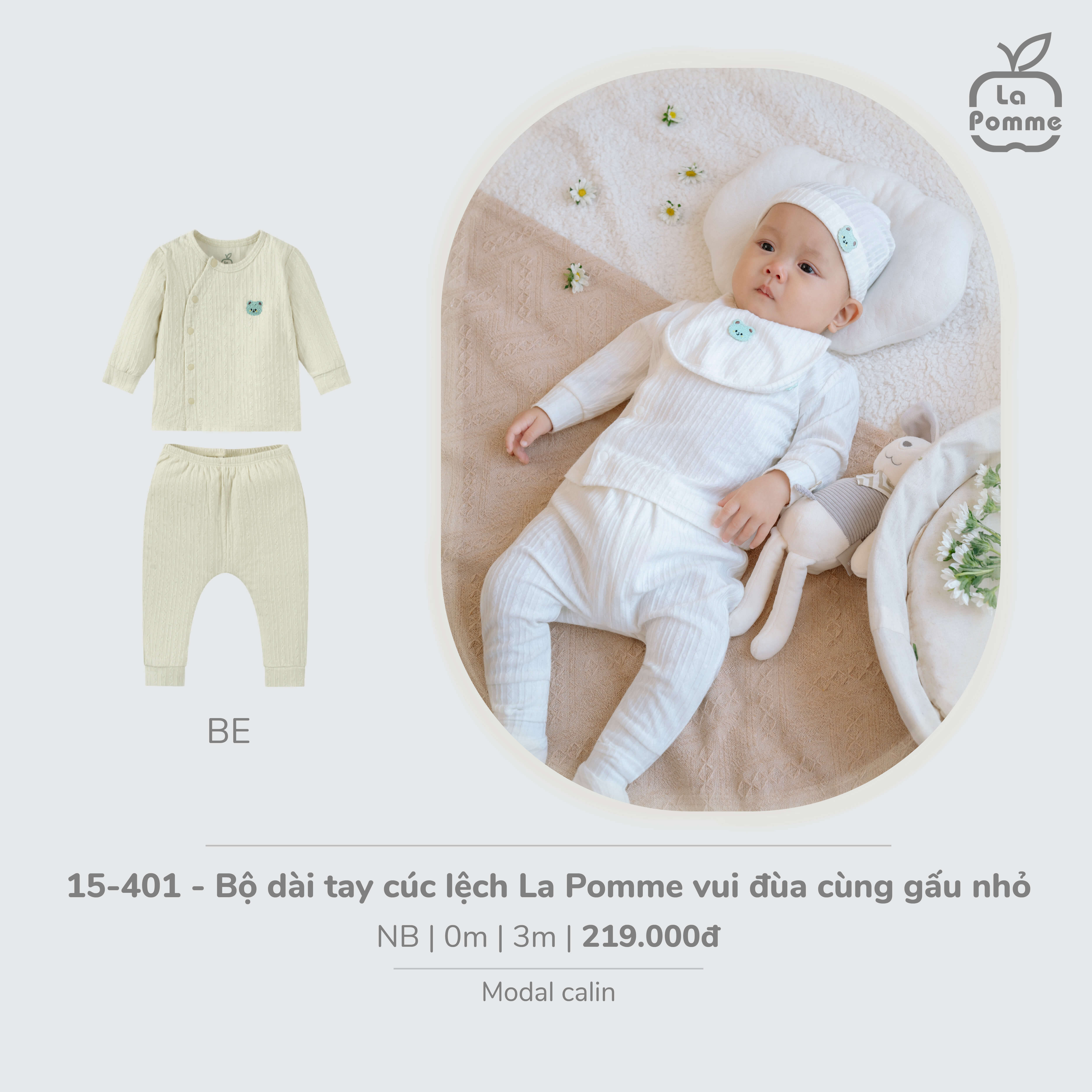 Bộ dài tay cúc lệch La Pomme vui đùa cùng gấu nhỏ - Newborn,0,3M Be — ảnh 2