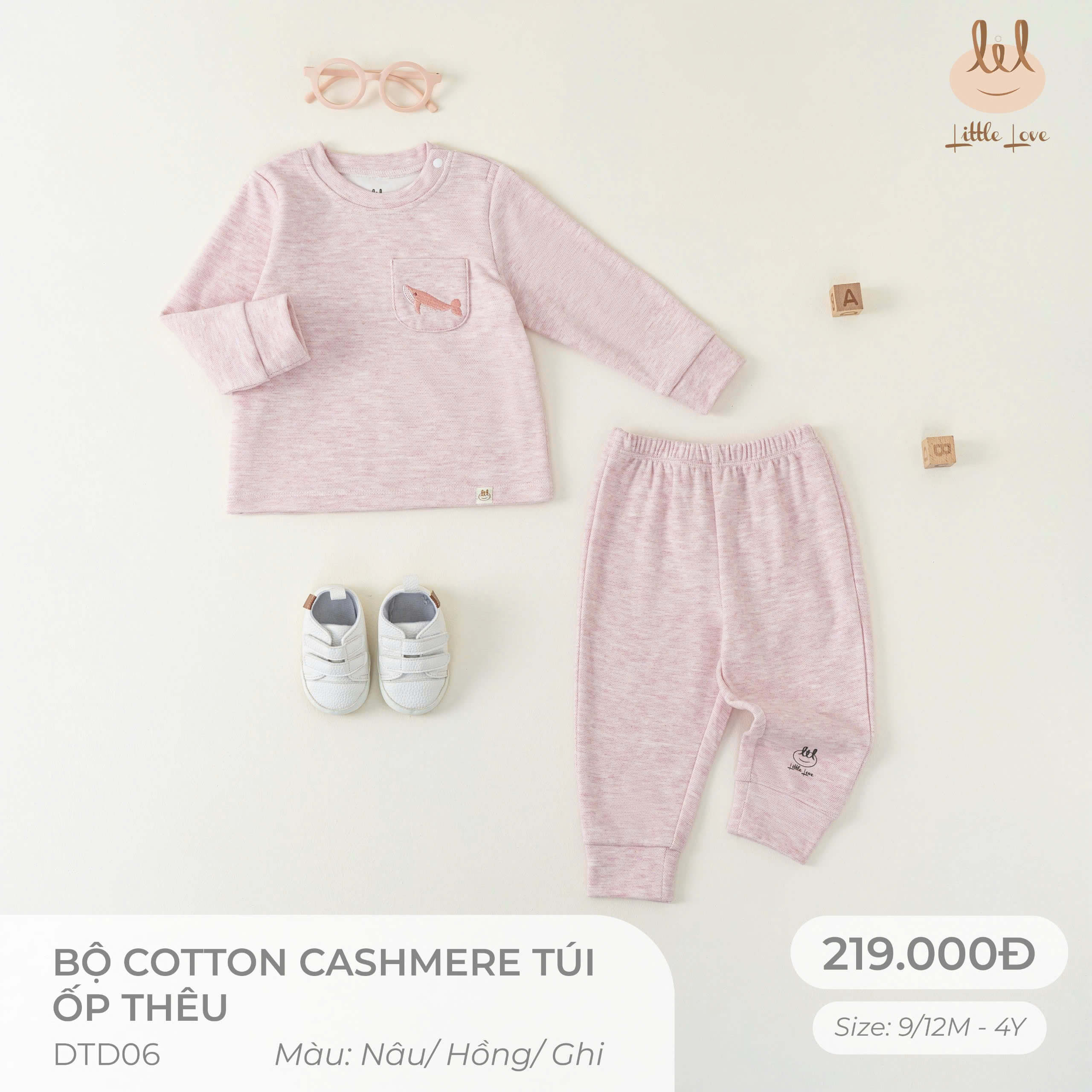 Little Love bộ cotton cashmere túi ốp hồng thêu cá (4Y,3Y,18-24M,12-18M,9-12M)