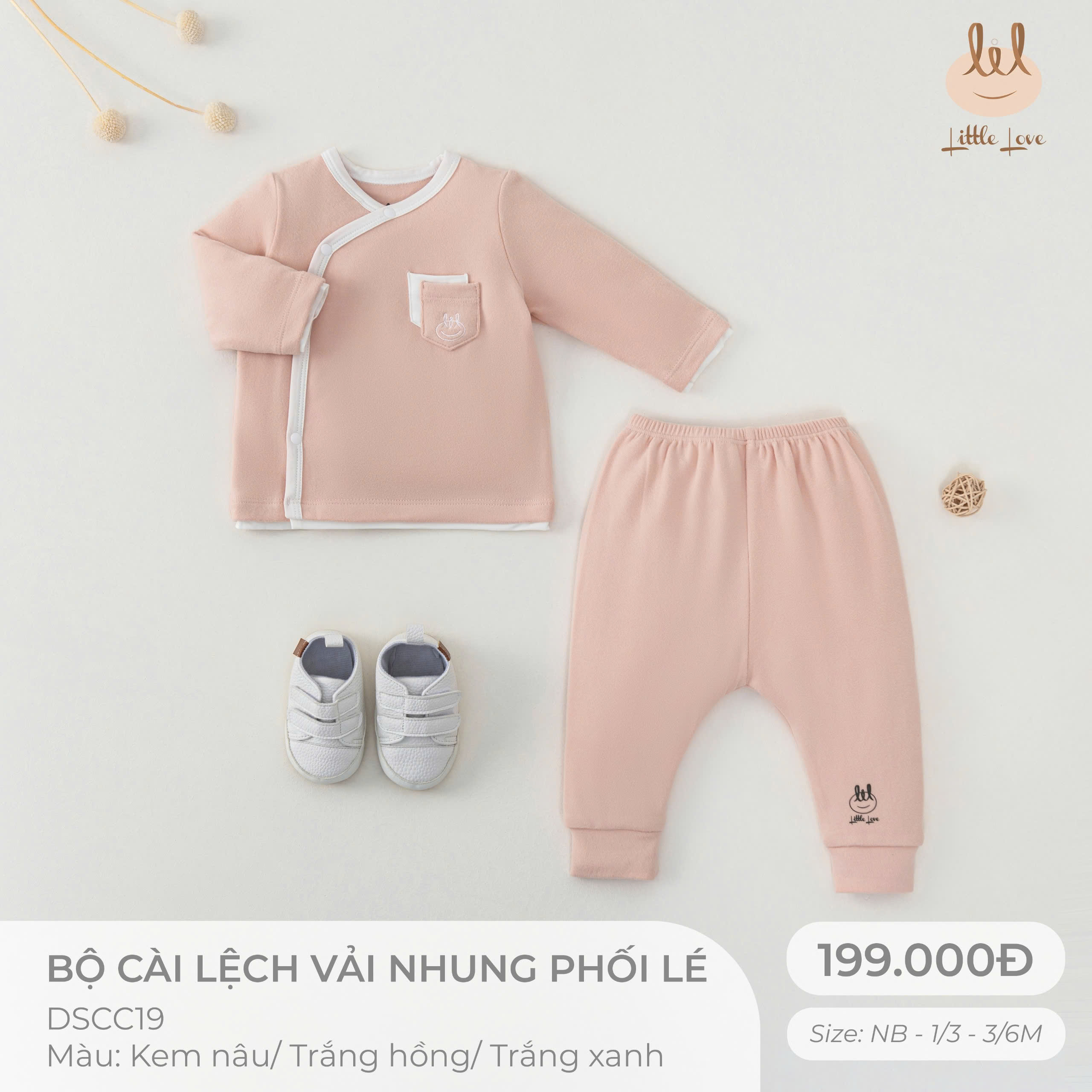 Little Love bộ cài lệch vải nhung phối lé trắng hồng (3-6M,1-3M,Newborn)