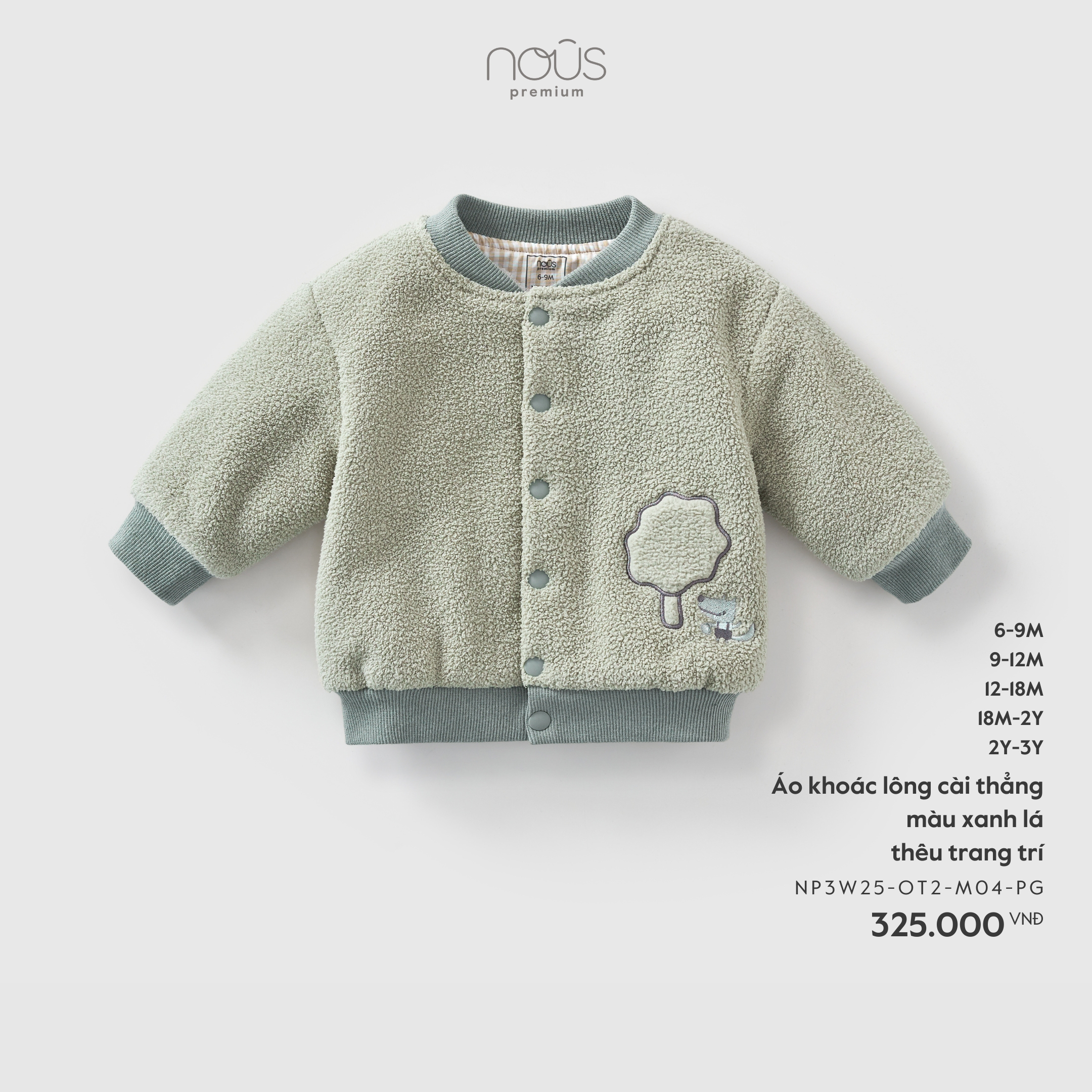 Nous Áo khoác lông cài thẳng màu xanh lá thêu trang trí (6M,9M,12M,18M,2Y)