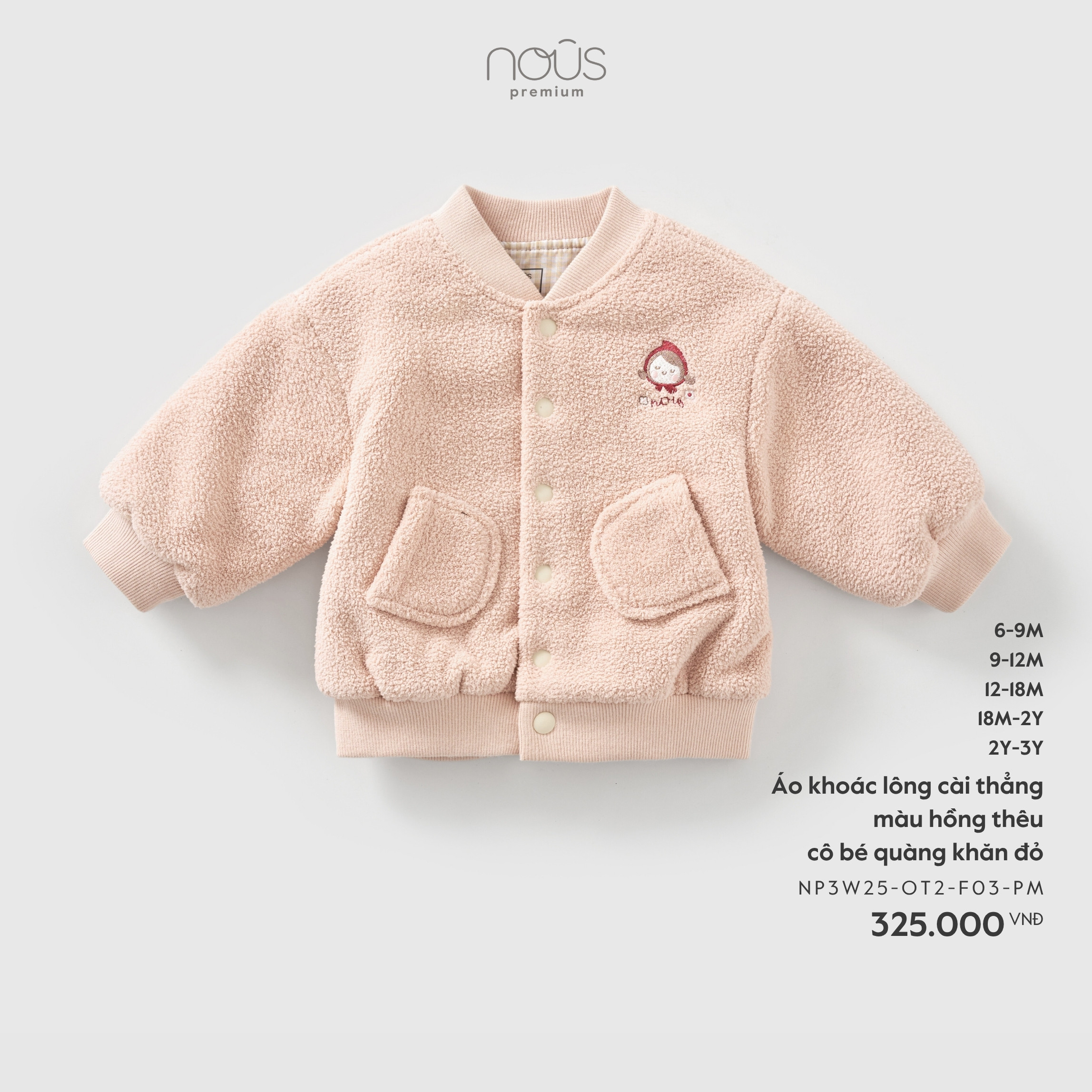 Nous Áo khoác lông cài thẳng màu hồng thêu cô bé quàng khăn đỏ (6M,9M,12M,18M,2Y)
