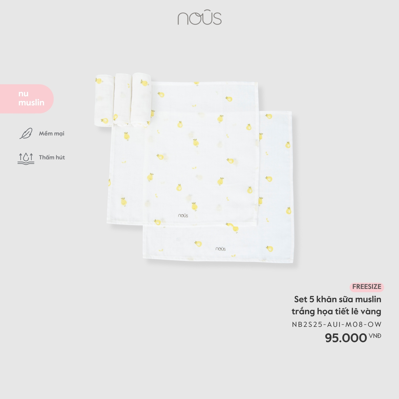 Nous Set 5 khăn sữa muslin trắng họa tiết lê (vàng)