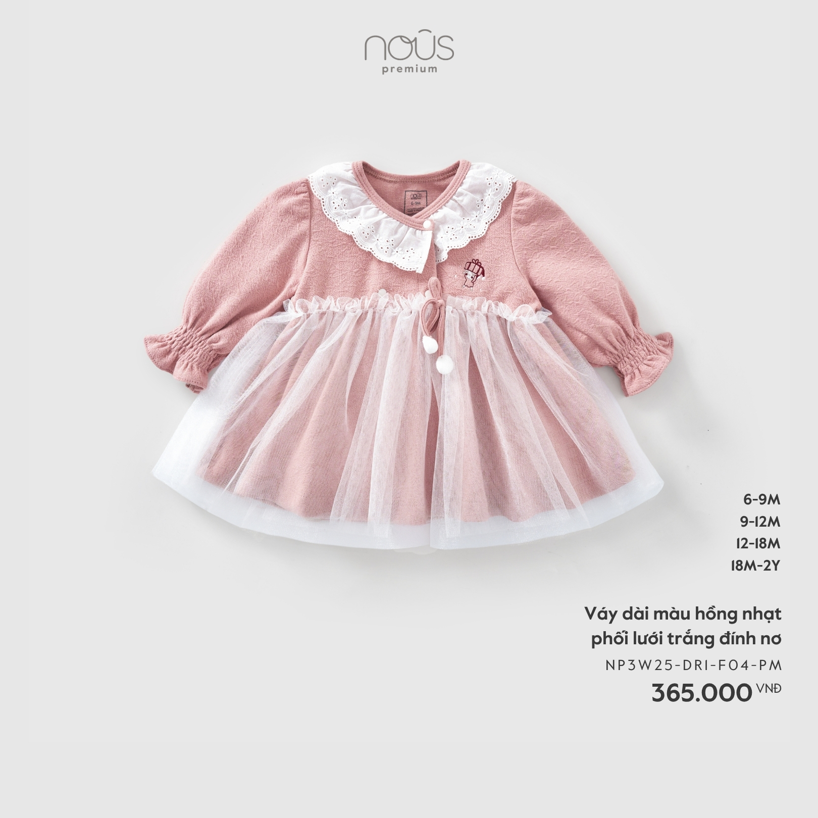 Nous Váy dài màu hồng nhạt phối lưới trắng đính nơ (6M,9M,12M,18M)