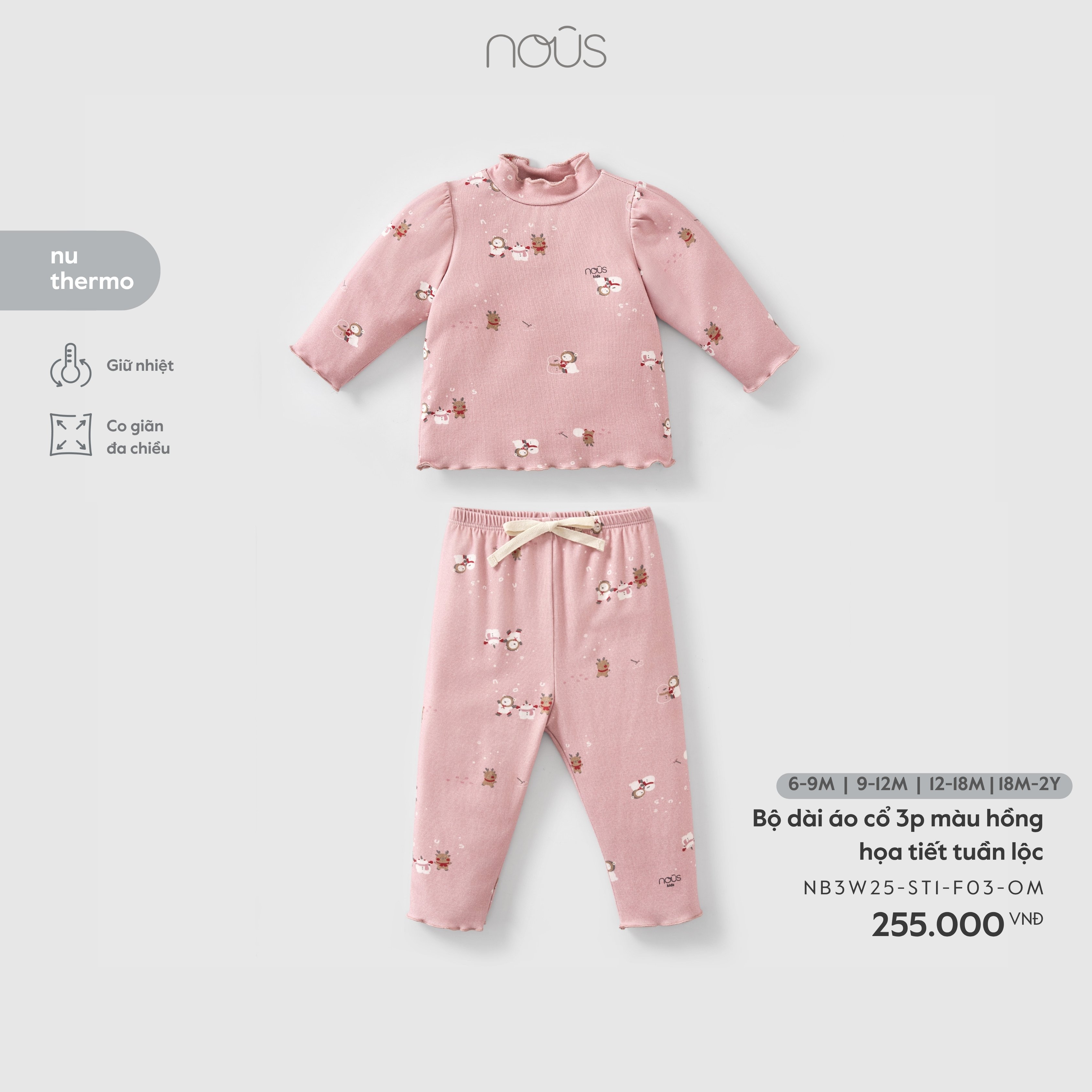 Nous Bộ dài áo cổ 3p màu hồng họa tiết tuần lộc (6M,9M,12M,18M)