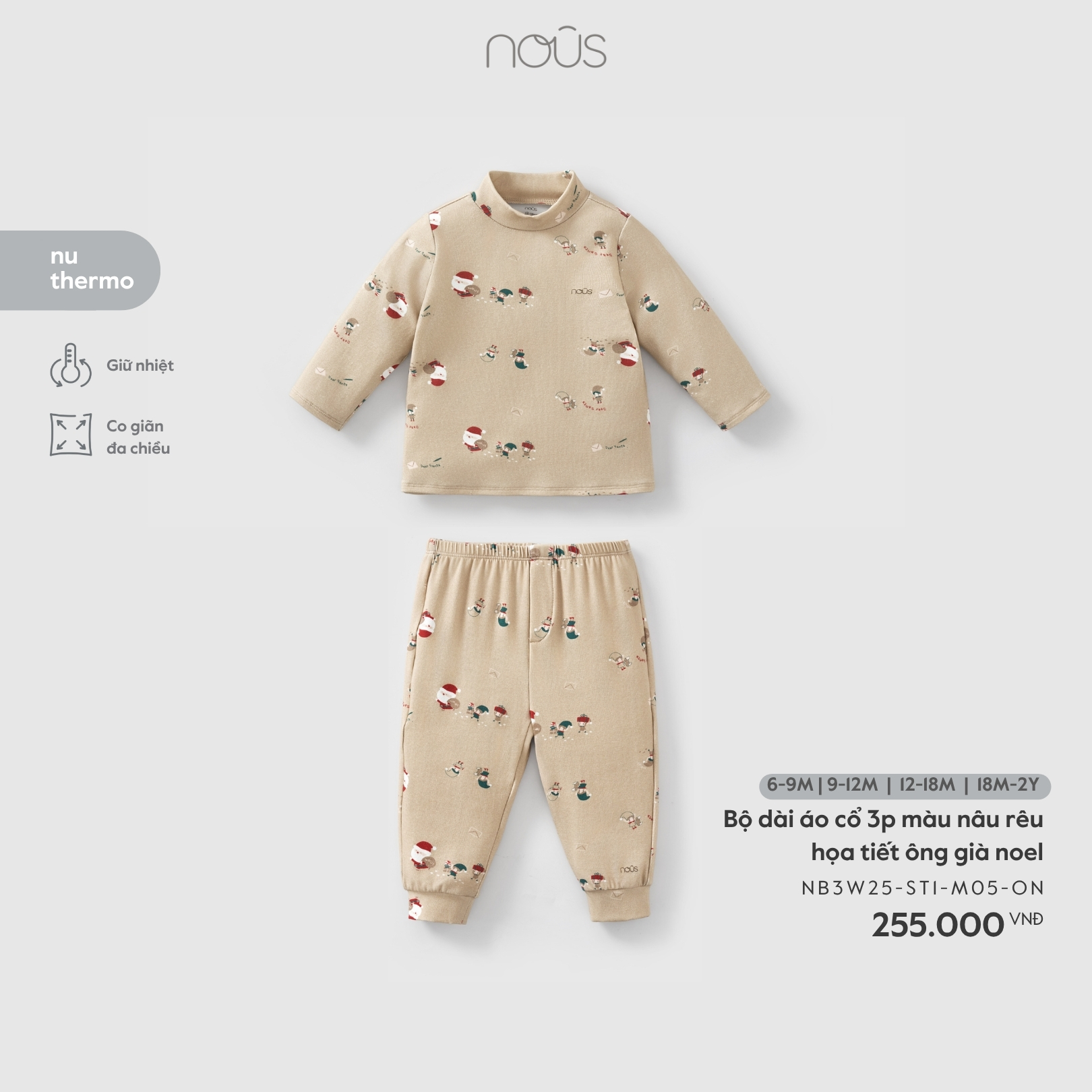 Nous Bộ dài áo cổ 3p màu nâu rêu họa tiết ông già noel (6M,9M,12M,18M)