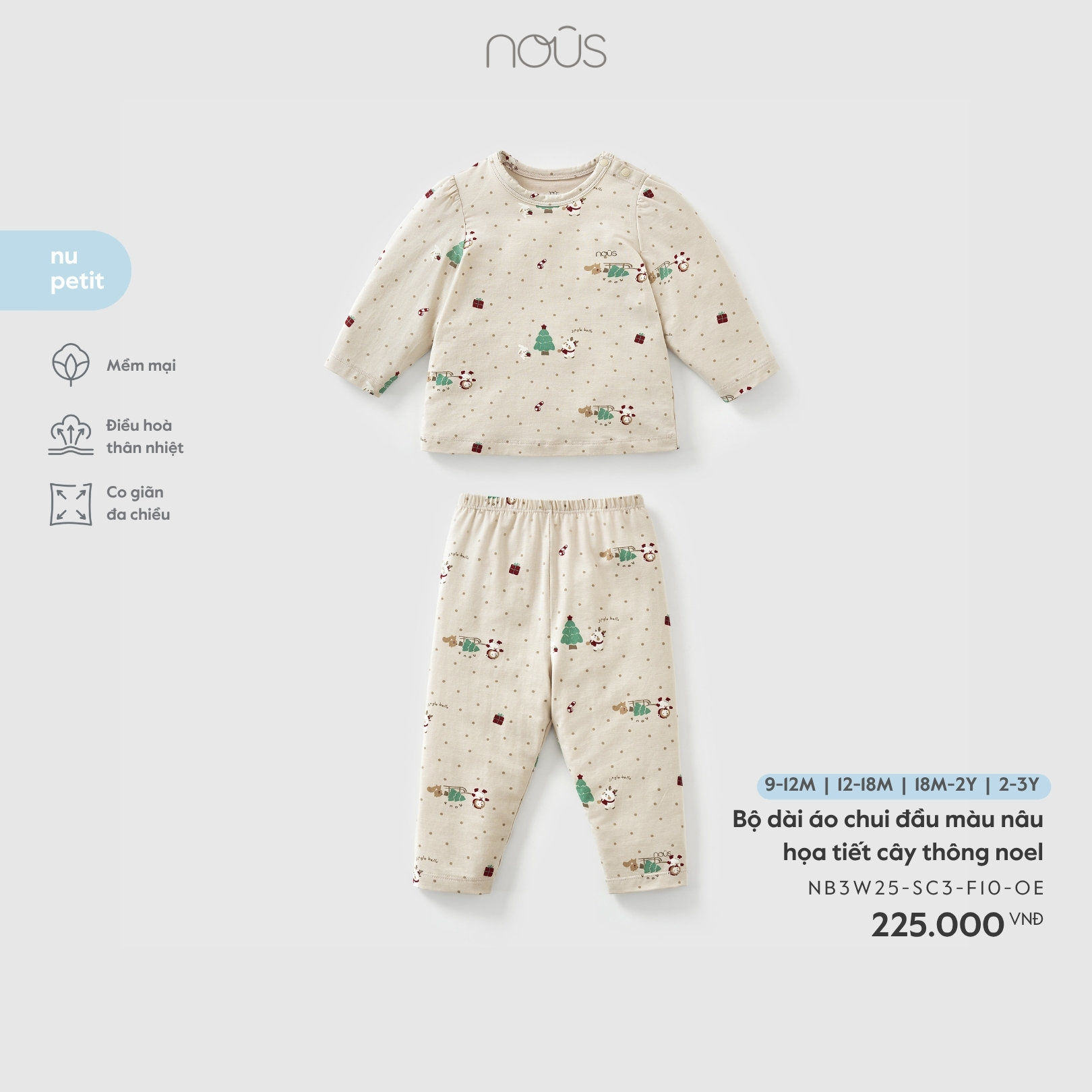Nous Bộ dài áo chui đầu màu nâu họa tiết cây thông noel (9M,12M,18M,2Y)
