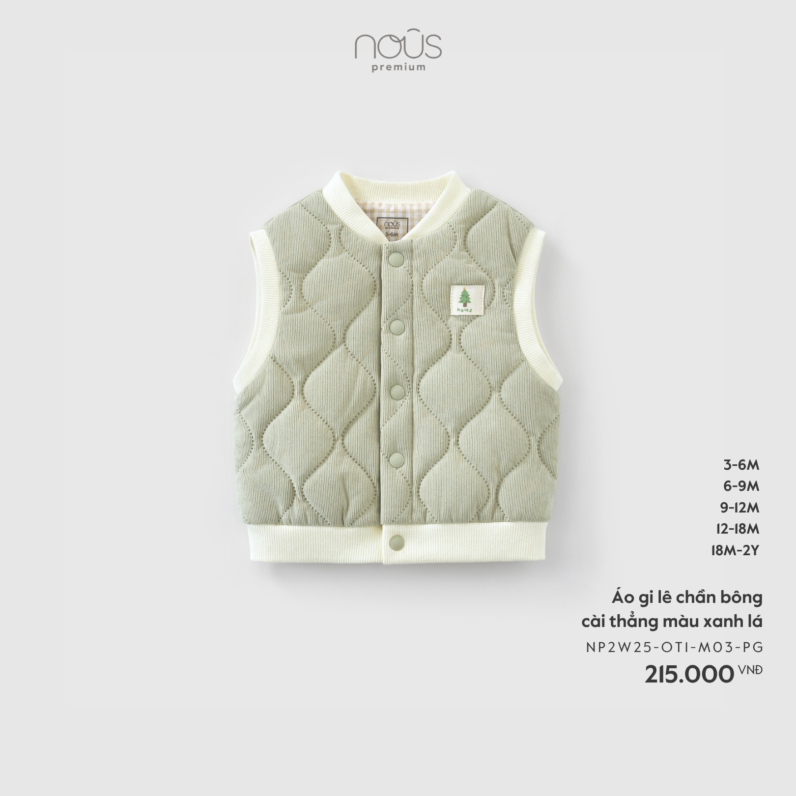Nous Áo gi lê chần bông cài thẳng màu xanh lá  (3M,6M,9M,12M,18M)