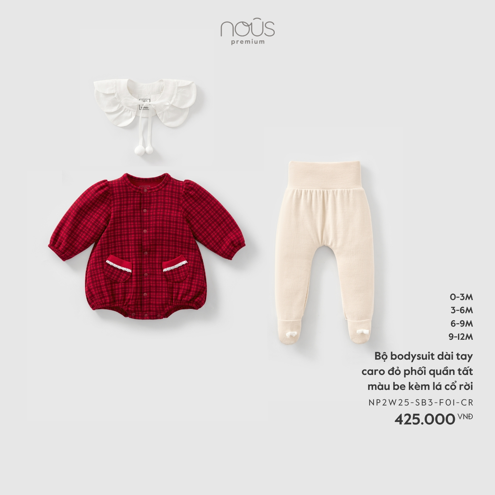 Nous Bộ bodysuit dài tay caro đỏ phối quần tất màu be kèm lá cổ rời (0M,3M,6M,9M)