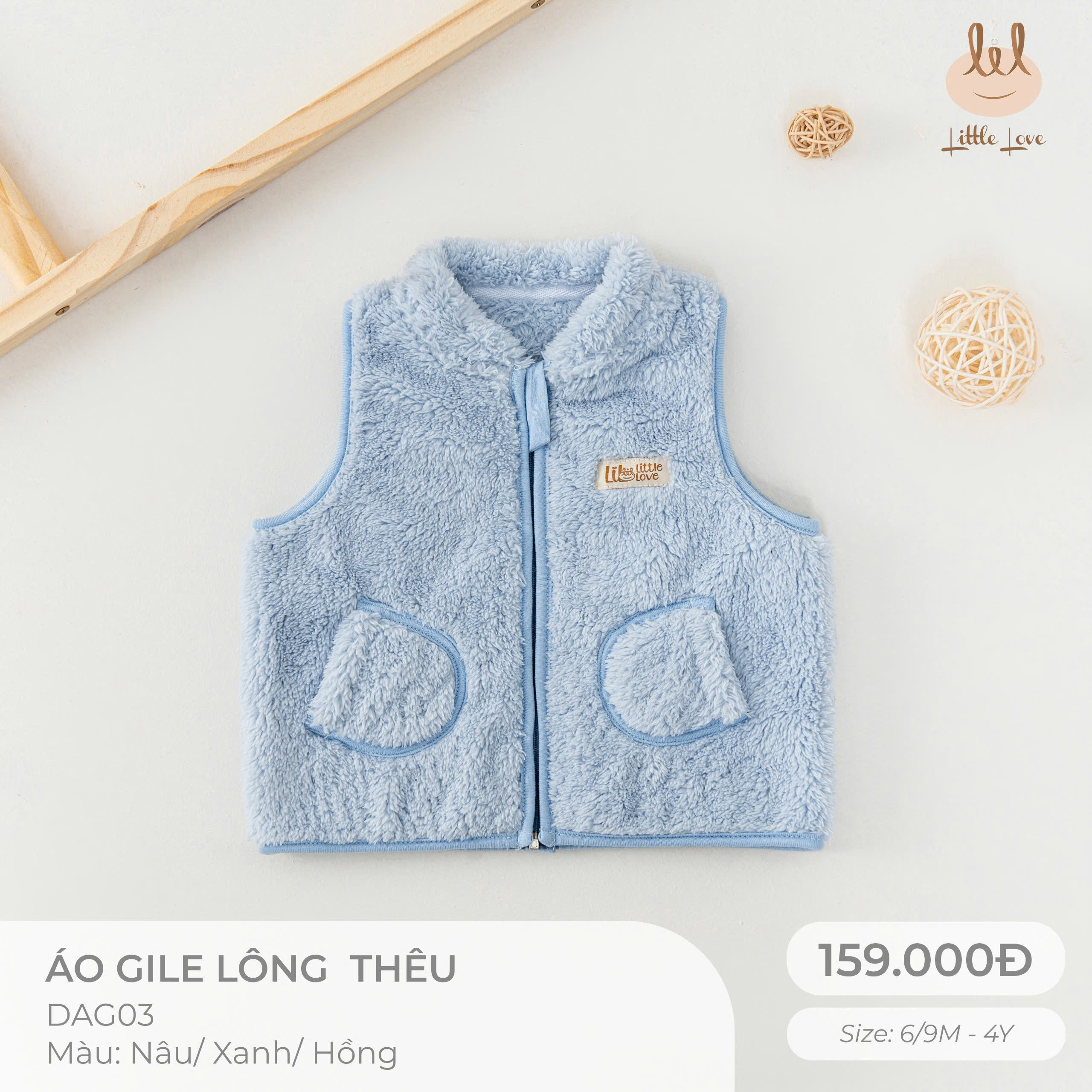 Little Love Áo Gile Lông Xanh Thêu Voi (4Y,3Y,18-24M,12-18M,9-12M,6-9M)