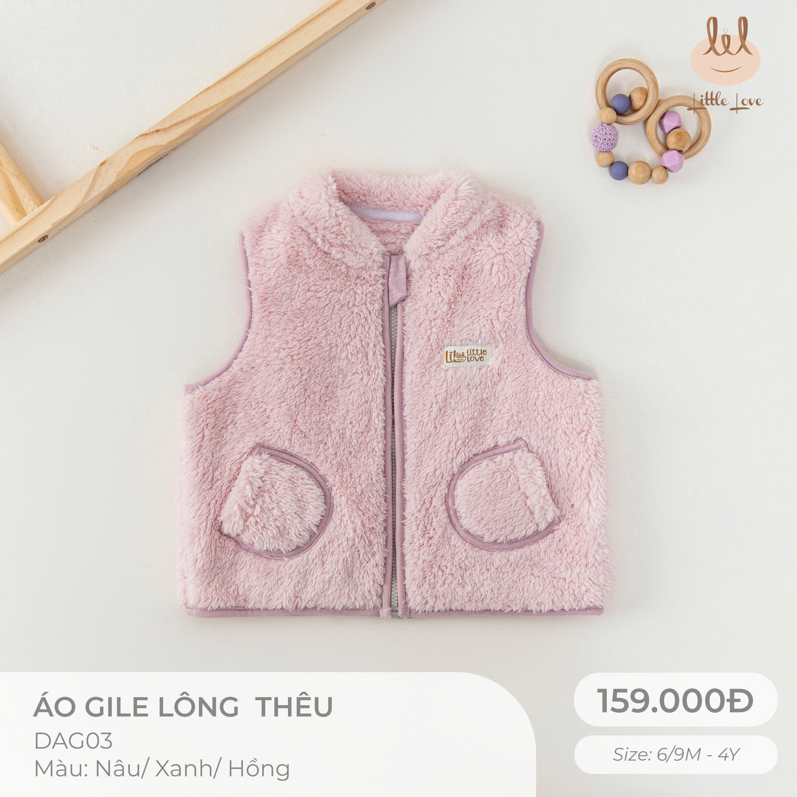 Little Love Áo Gile Lông Hồng Thêu Thỏ (4Y,3Y,18-24M,12-18M,9-12M,6-9M)