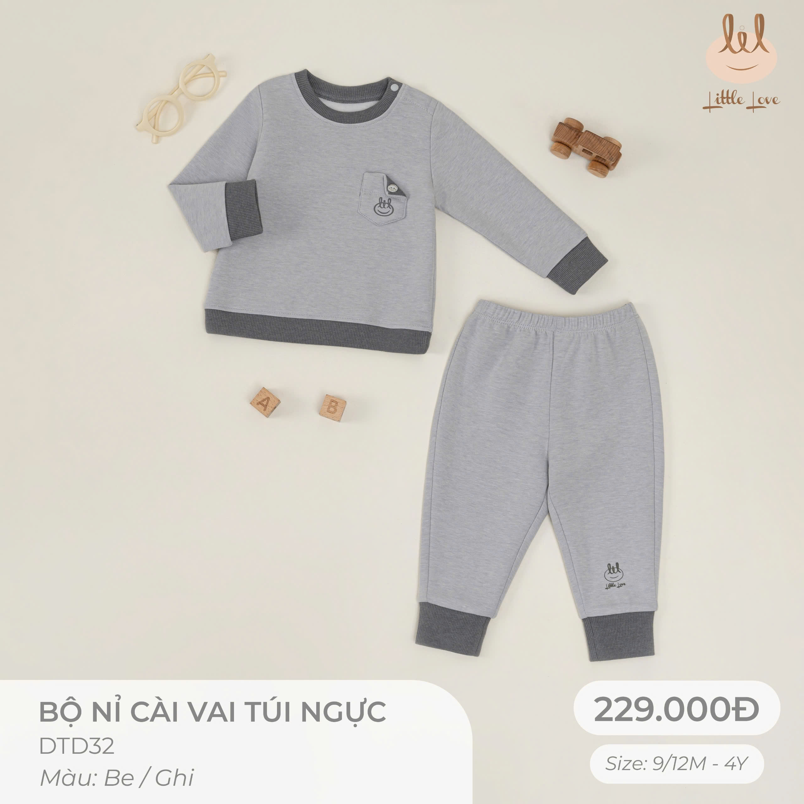 Little Love Bộ Nỉ Cài Vai Túi Ngực Ghi (4Y,3Y,18-24M,12-18M,9-12M)