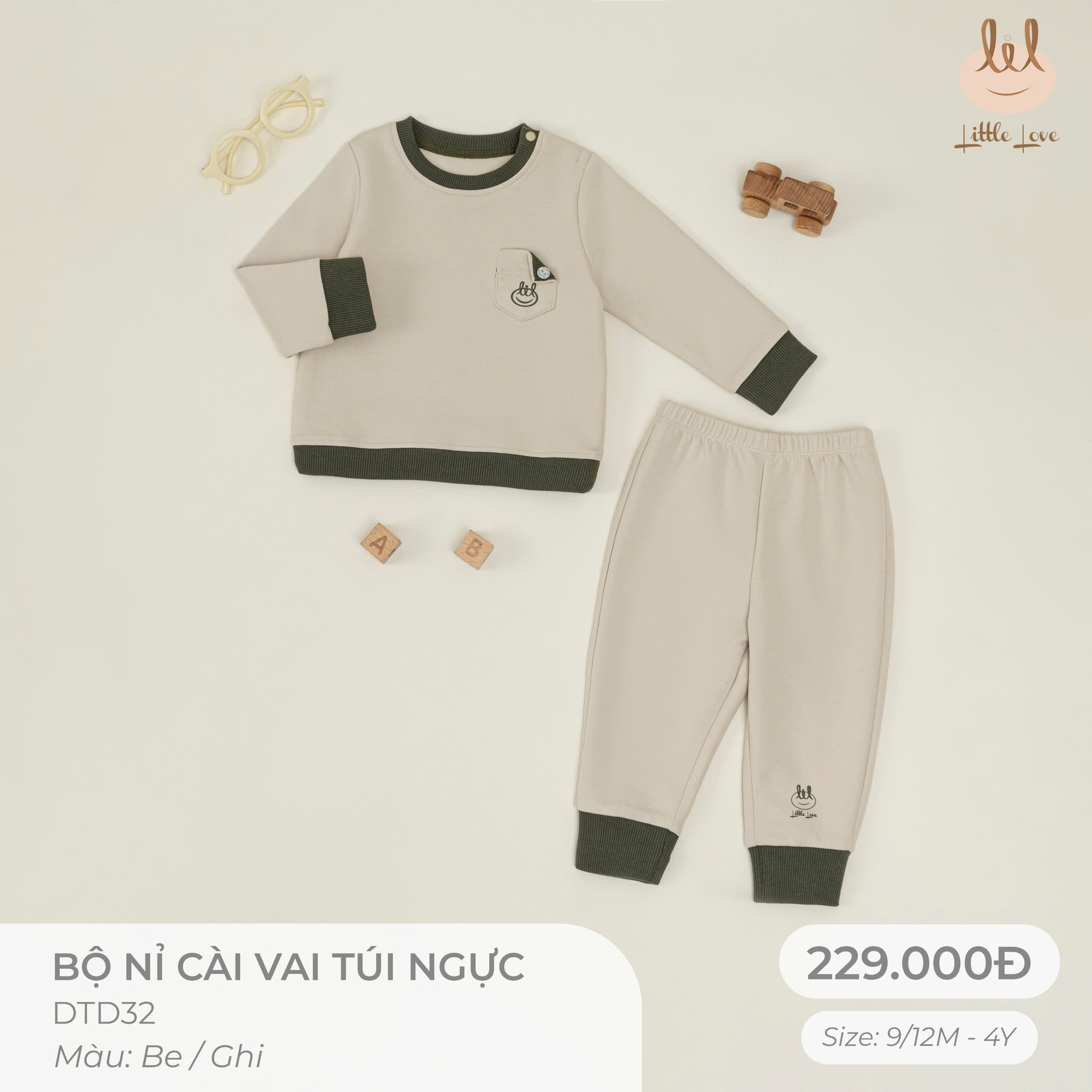 Little Love Bộ Nỉ Cài Vai Túi Ngực Be (4Y,3Y,18-24M,12-18M,9-12M)