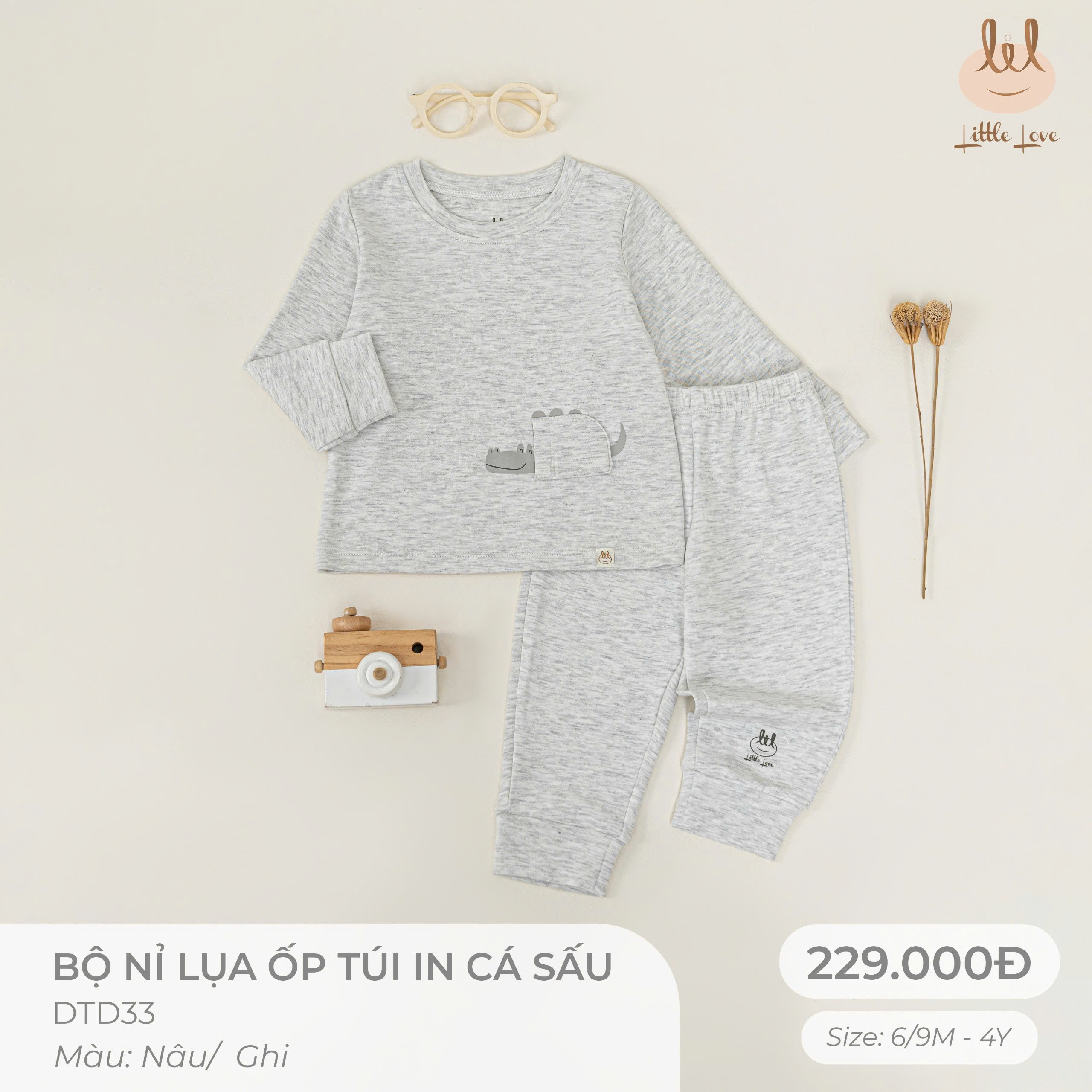 Little Love Bộ Nỉ Lụa Ốp Túi Ghi In Cá Sấu (4Y,3Y,18-24M,12-18M,9-12M,6-9M)