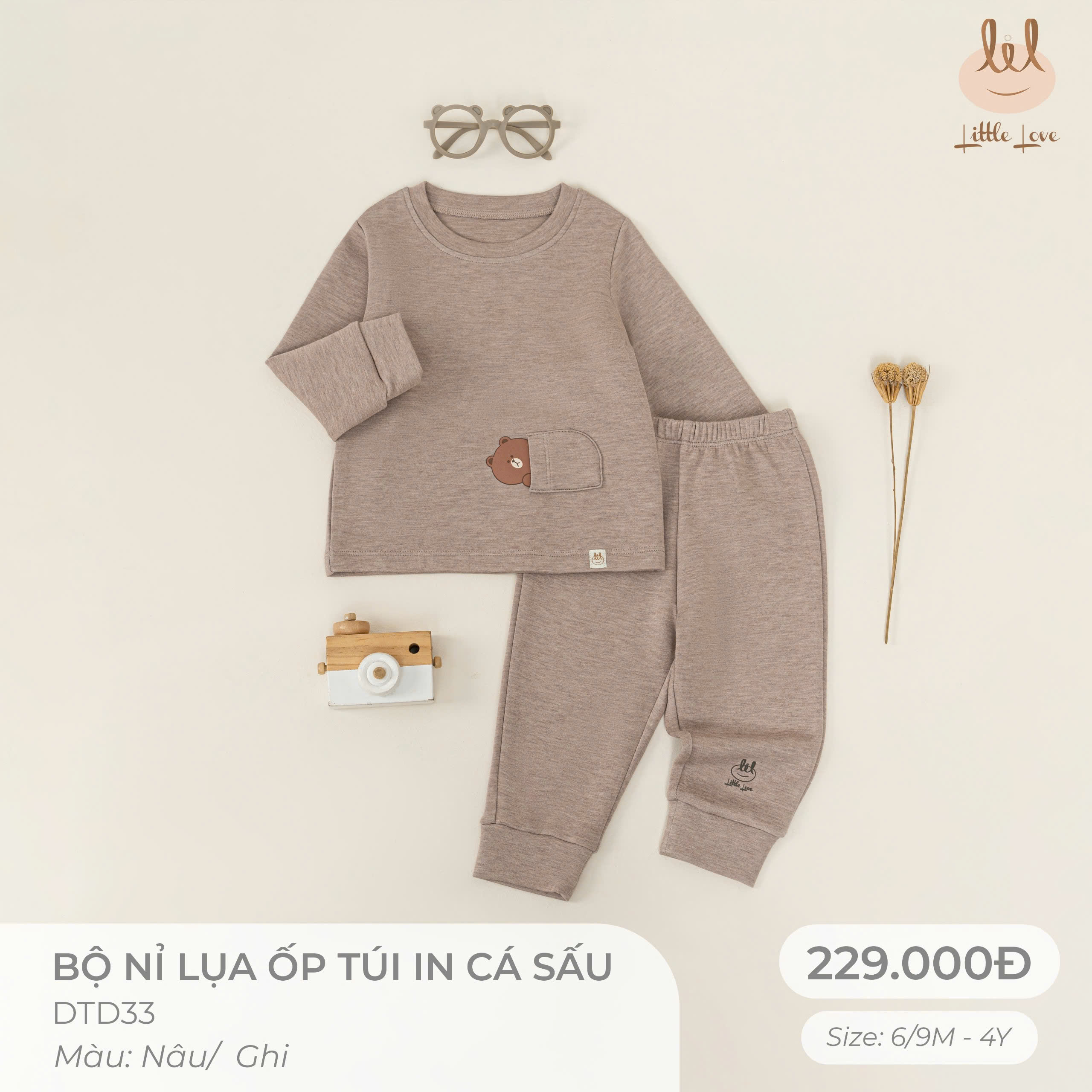 Little Love Bộ Nỉ Lụa Ốp Túi Nâu In Gấu (4Y,3Y,18-24M,12-18M,9-12M,6-9M)