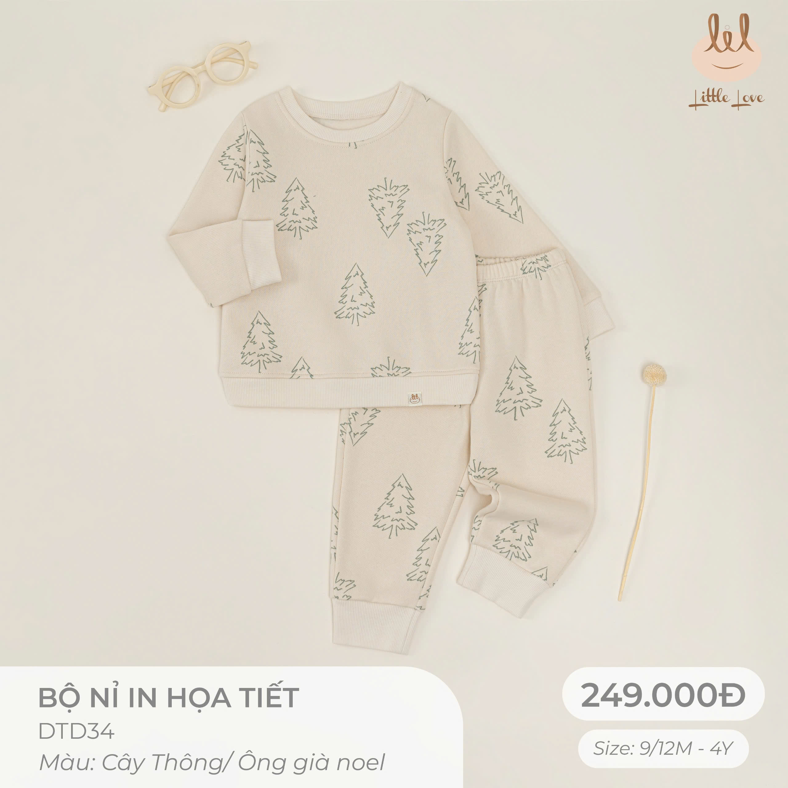 Little Love Bộ Nỉ In Họa Tiết Cây Thông (3Y,18-24M,12-18M,9-12M)