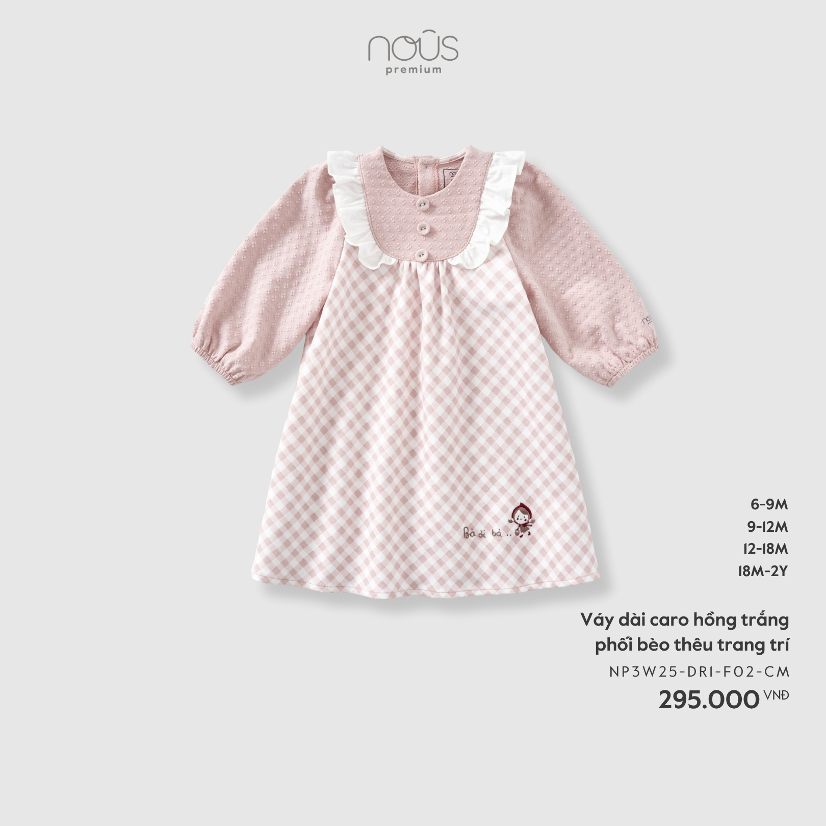 Nous Váy dài caro hồng trắng phối bèo thêu trang trí (6M,9M,12M,18M)
