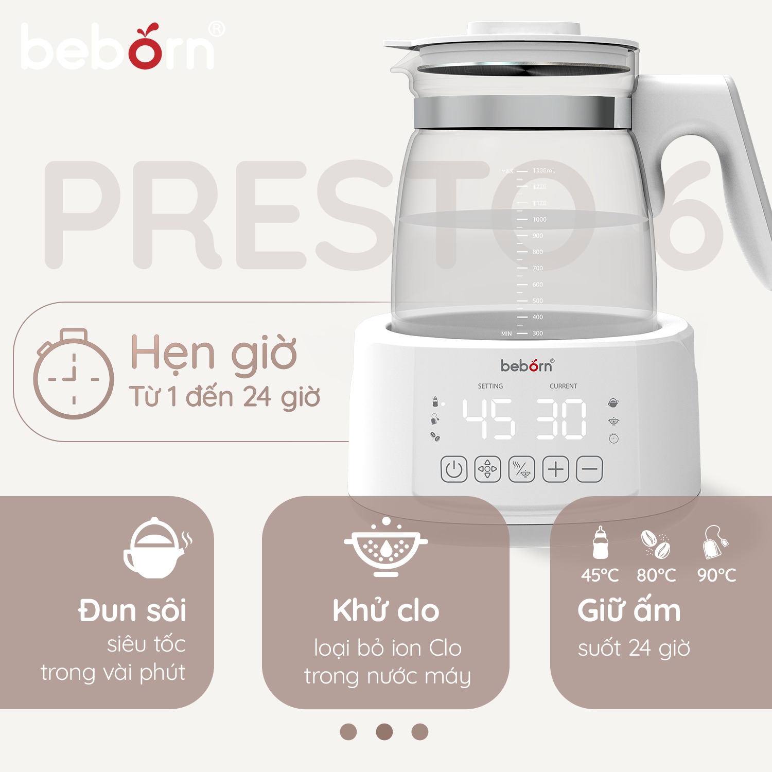 Bình đun nước giữ nhiệt pha sữa điện tử Presto 6 Beborn