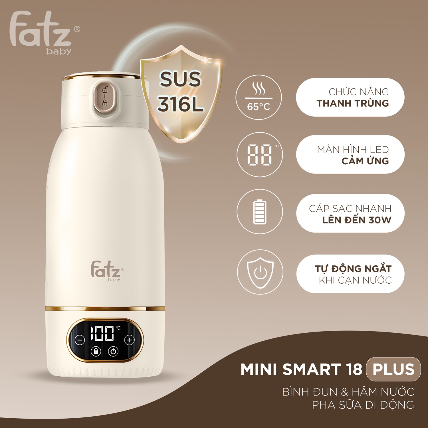 Bình đun và hâm nước pha sữa di động Mini Smart 18 Plus Fatzbaby