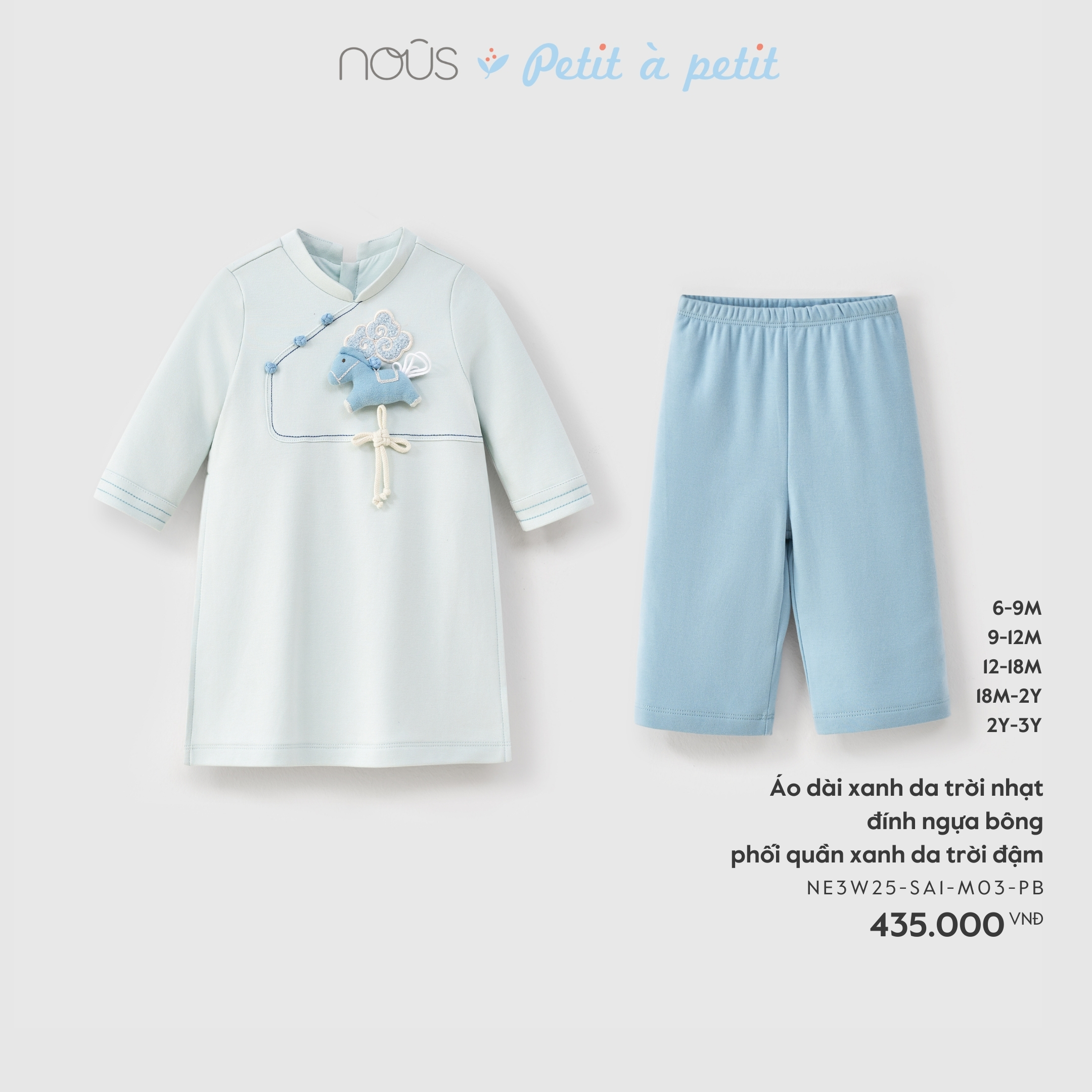 Nous Áo dài xanh da trời nhạt đính ngựa bông phối quần xanh da trời đậm  (9M,12M,18M,2Y)