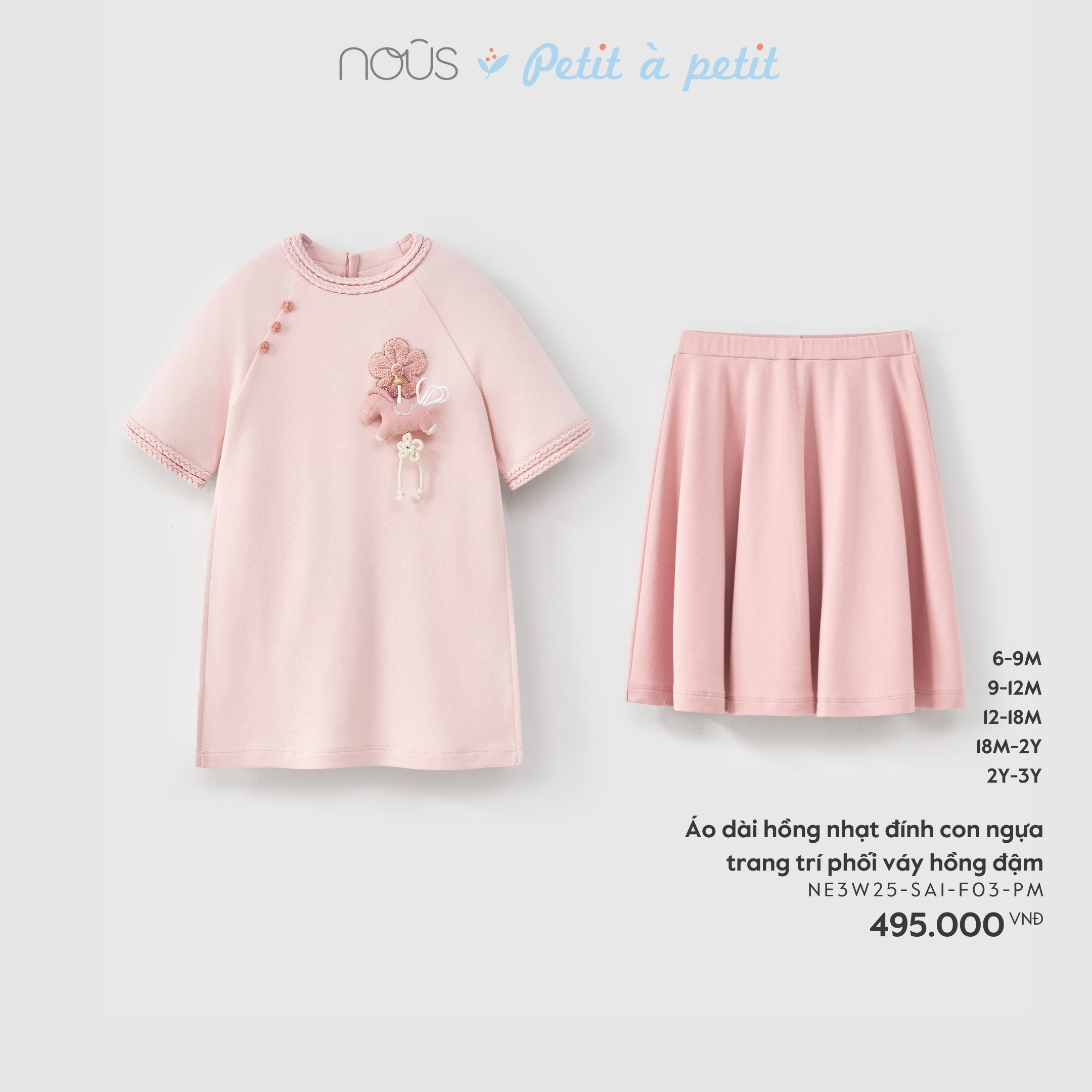 Nous Áo dài hồng nhạt đính con ngựa trang trí phối váy hồng đậm  (9M,12M,18M,2Y)