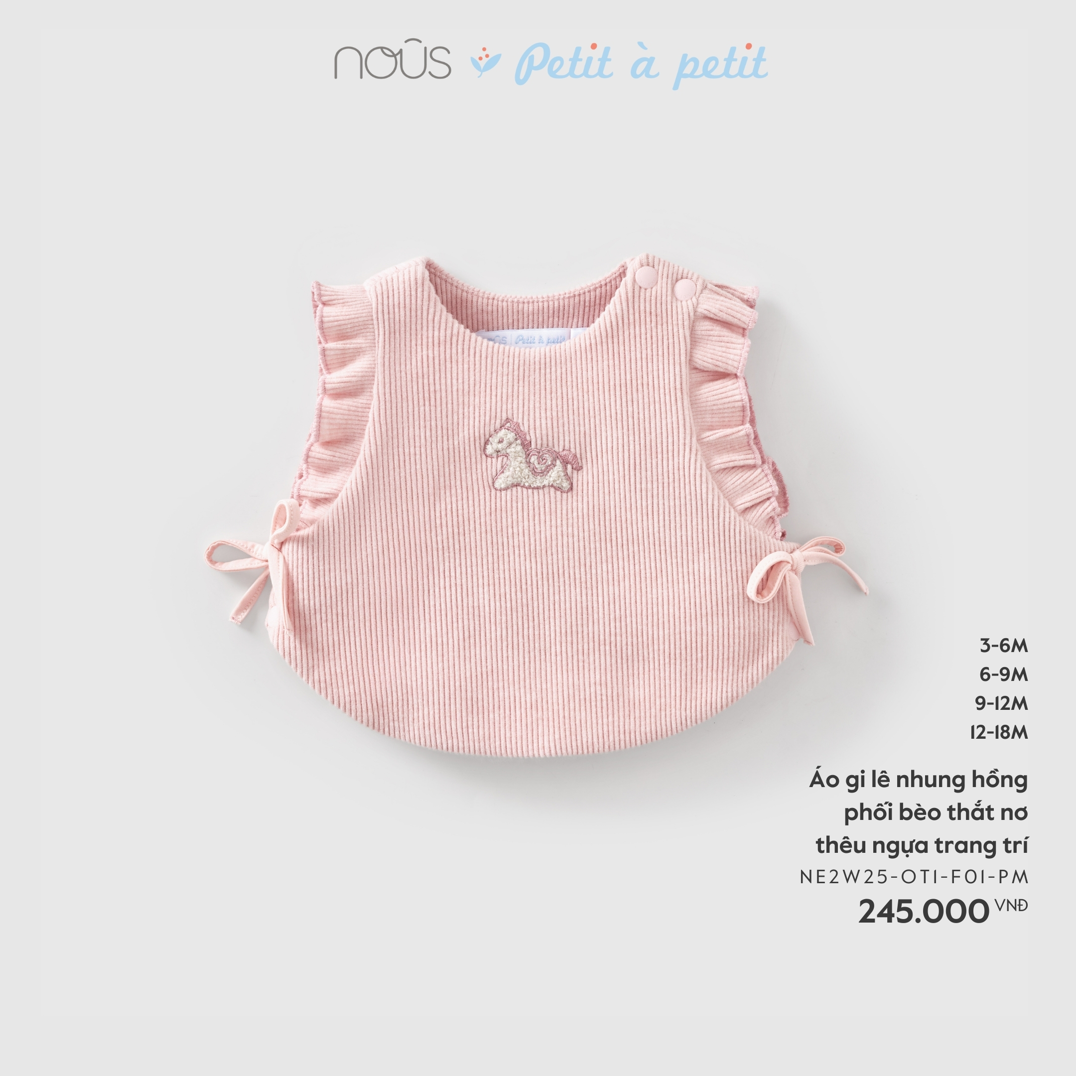 Nous Áo gi lê nhung hồng phối bèo thắt nơ thêu ngựa trang trí  (3M,6M,9M,12M)