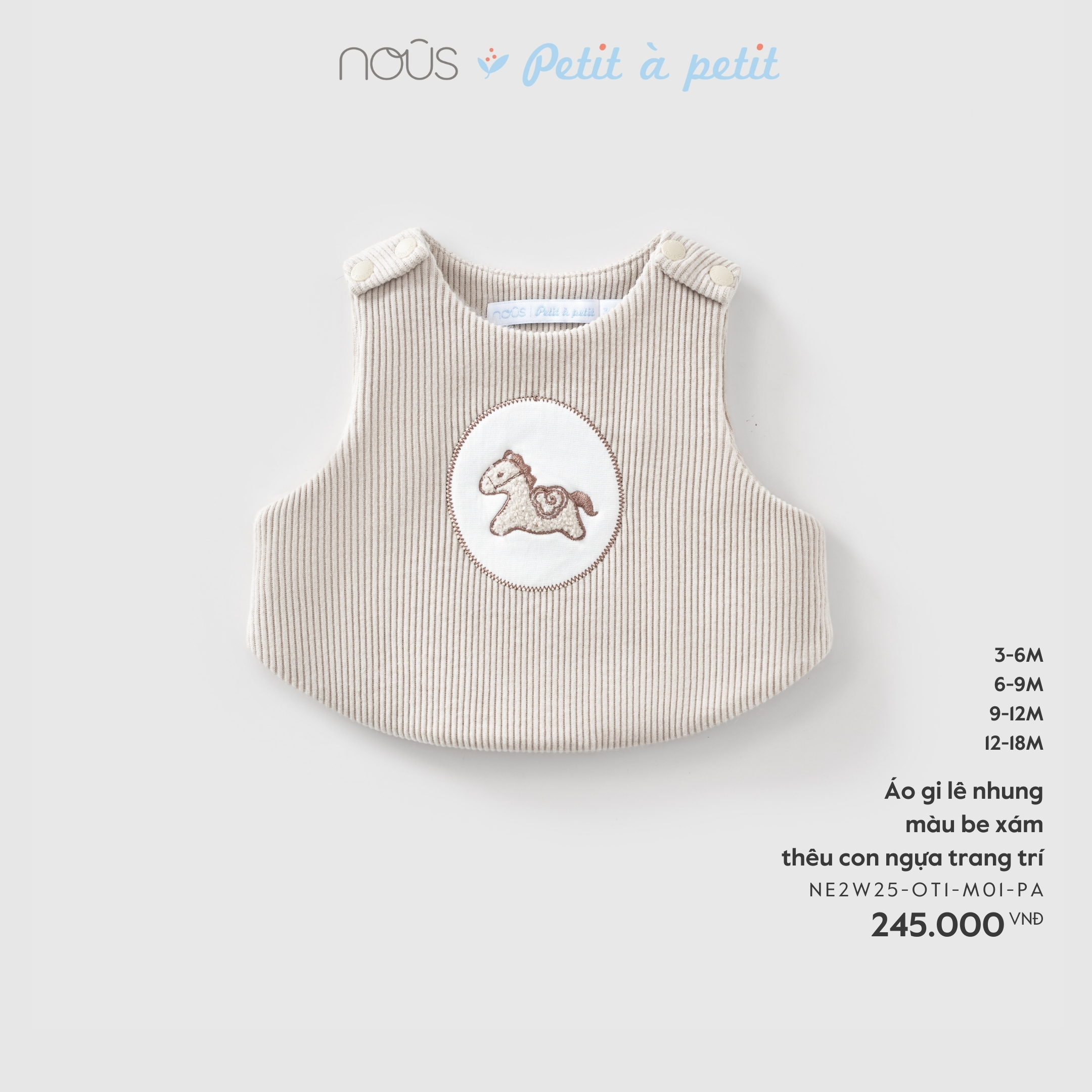 Nous Áo gi lê nhung màu be xám thêu con ngựa trang trí  (3M,6M,9M,12M)