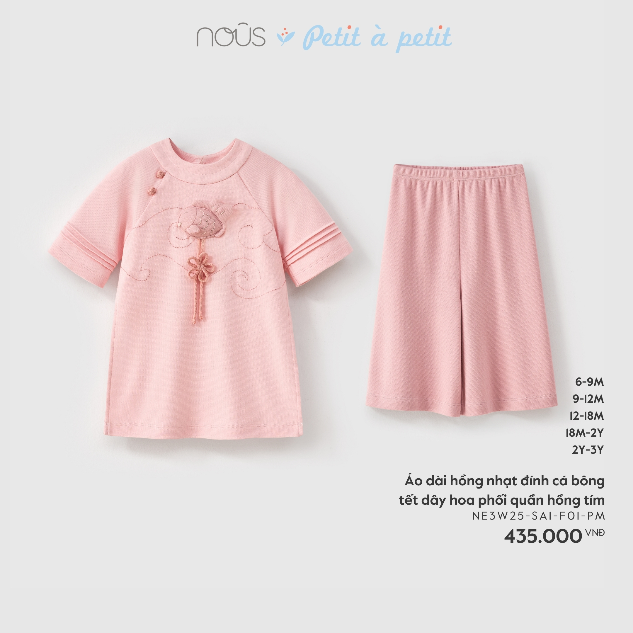 Nous Áo dài hồng nhạt đính cá bông tết dây hoa phối quần hồng tím  (9M,12M,18M,2Y)