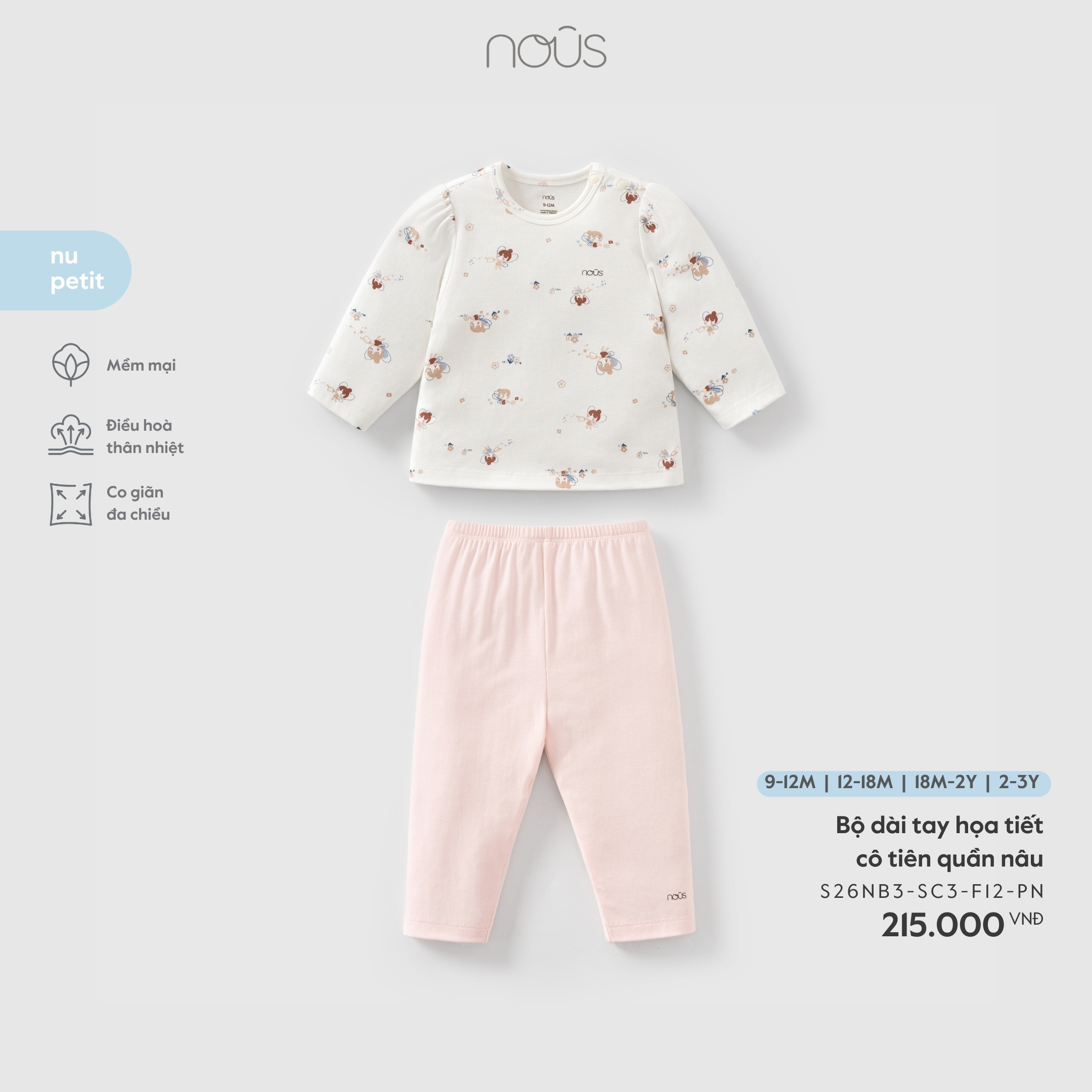 Nous Bộ dài tay họa tiết cô tiên quần hồng  (9M,12M,18M,2Y)