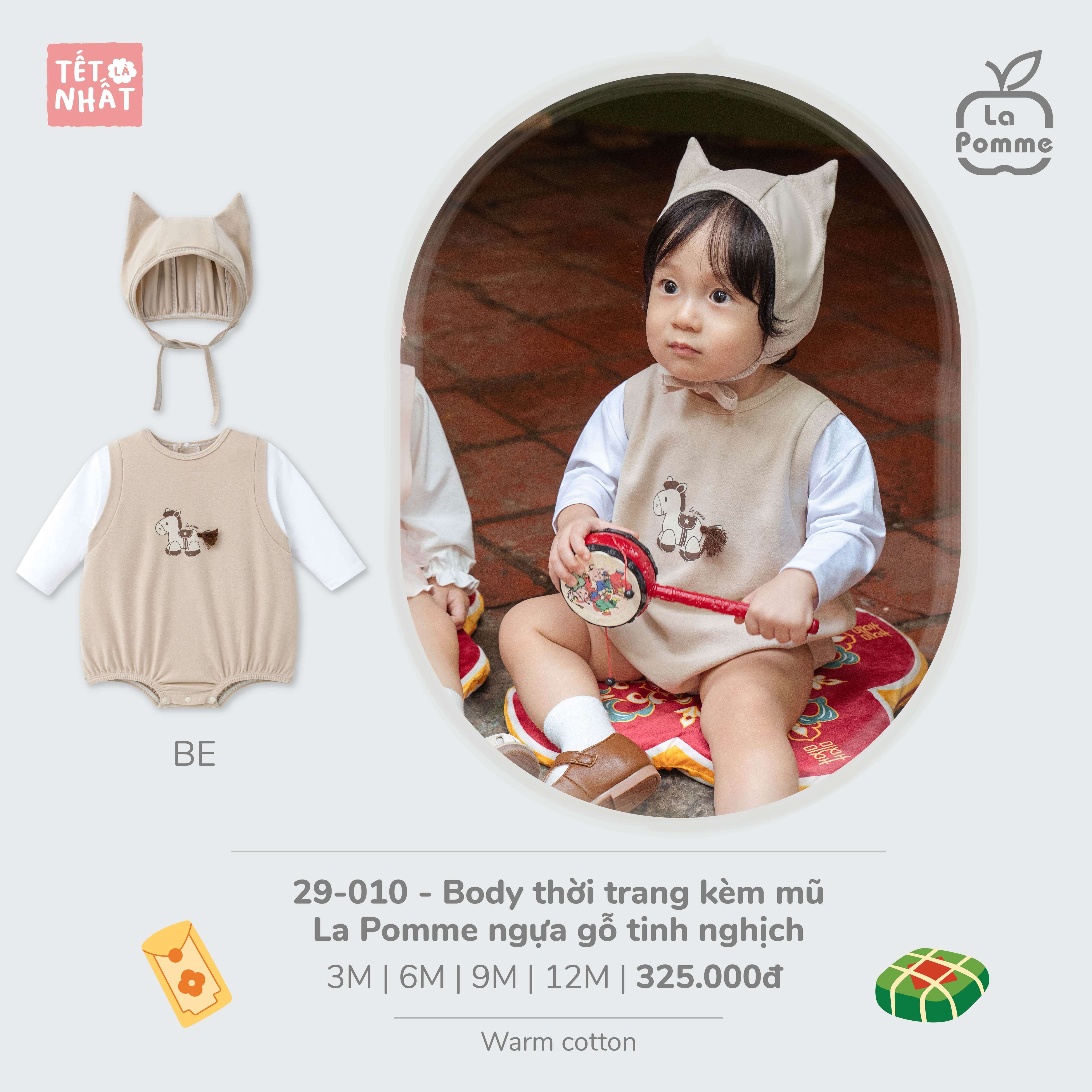 Body thời trang kèm mũ La Pomme ngựa gỗ tinh nghịch - Be (3M,6M,9M) — ảnh 2