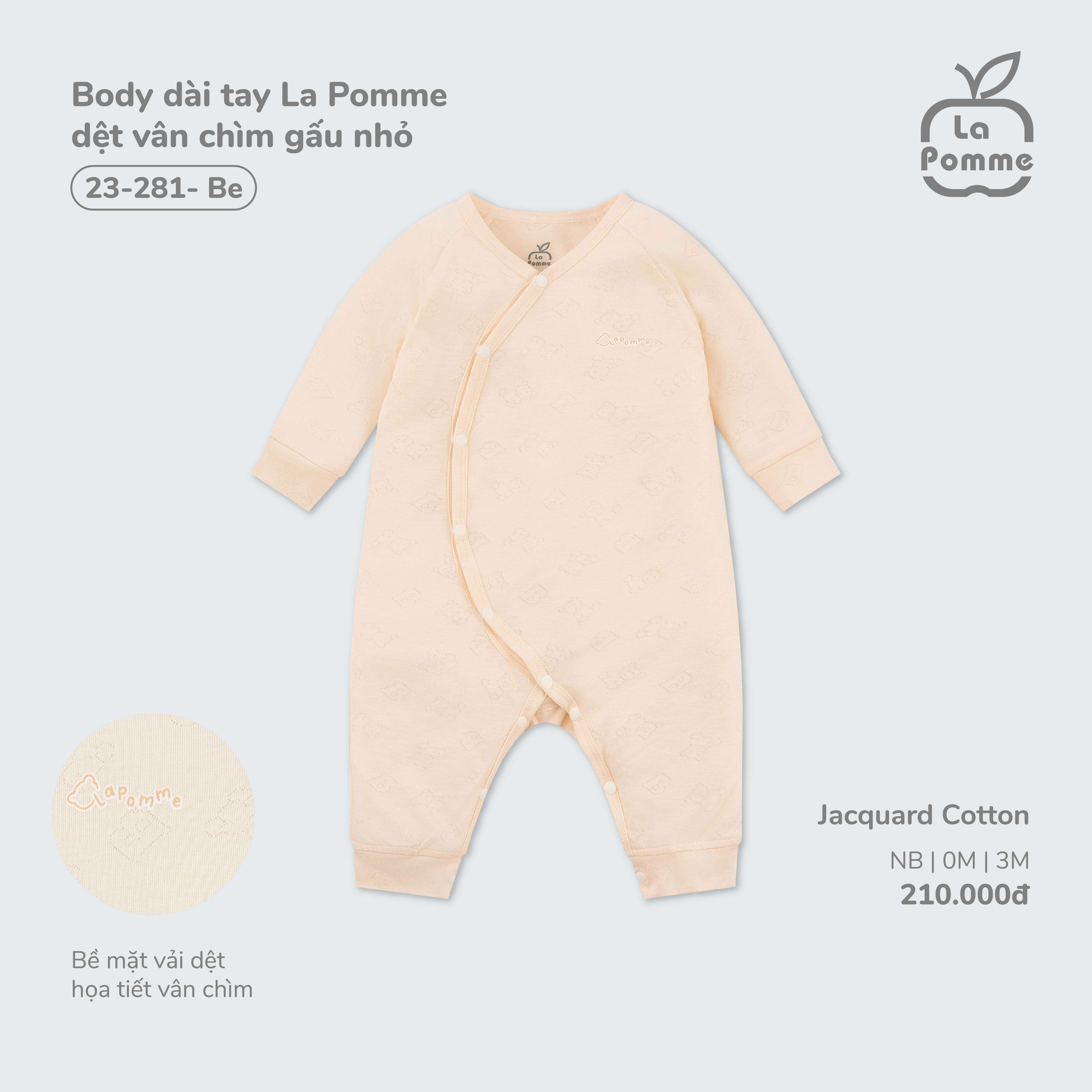 Body dài tay La Pomme dệt vân chìm gấu nhỏ - (Newborn, 0M, 3M) Be