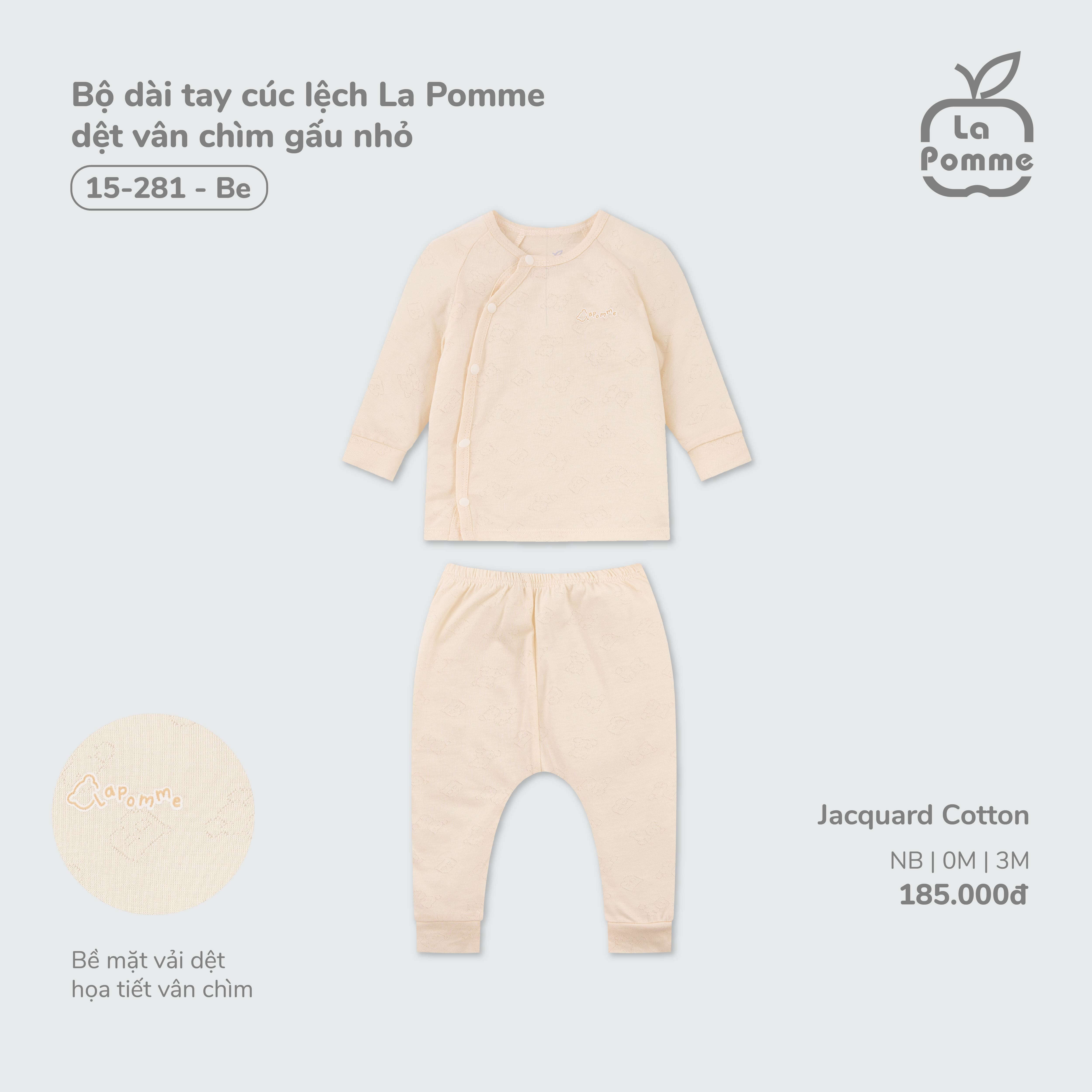 Bộ dài tay cúc lệch La Pomme dệt vân chìm gấu nhỏ - (Newborn, 0M, 3M) Be