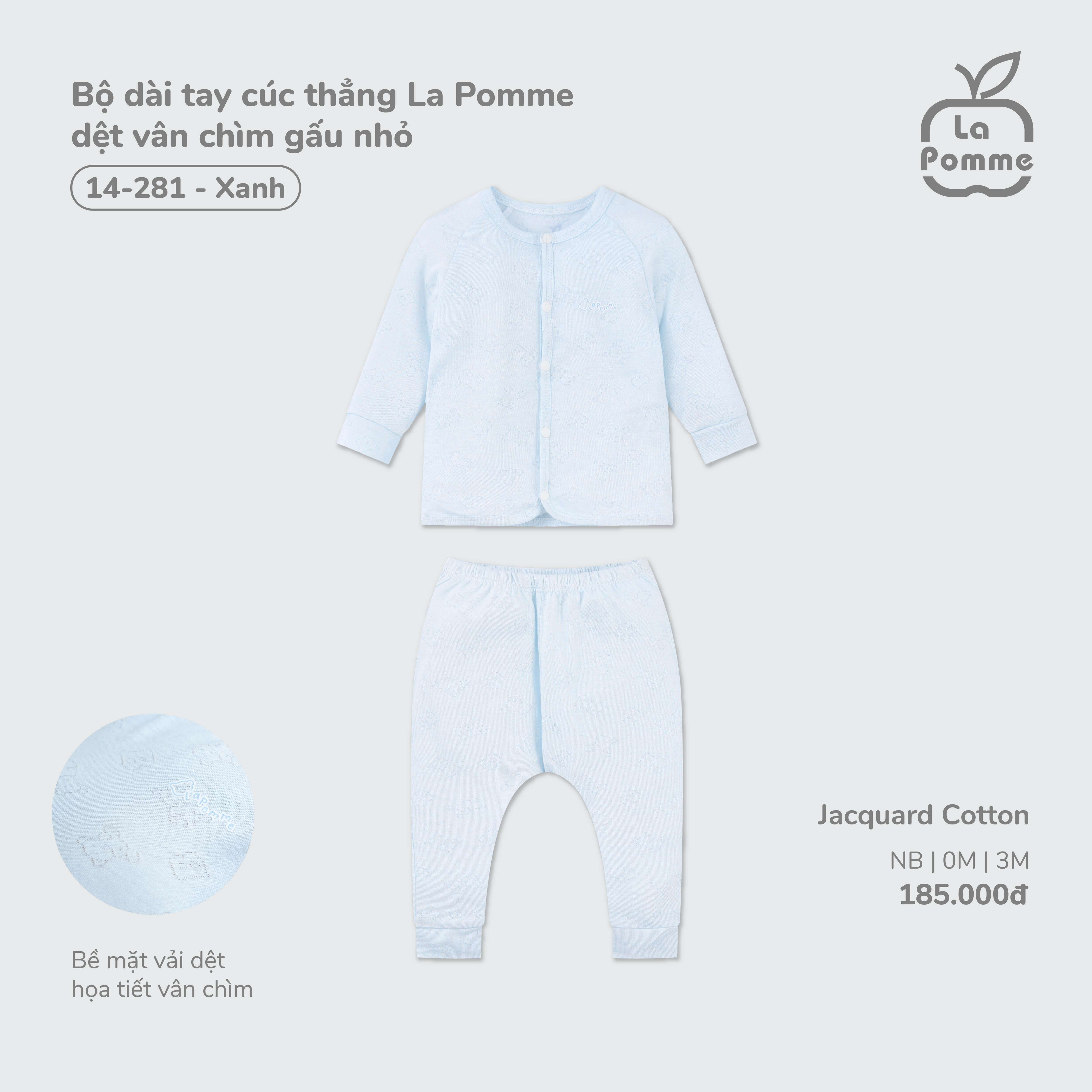 Bộ dài tay cúc thẳng La Pomme dệt vân chìm gấu nhỏ - (Newborn, 0M, 3M) Xanh