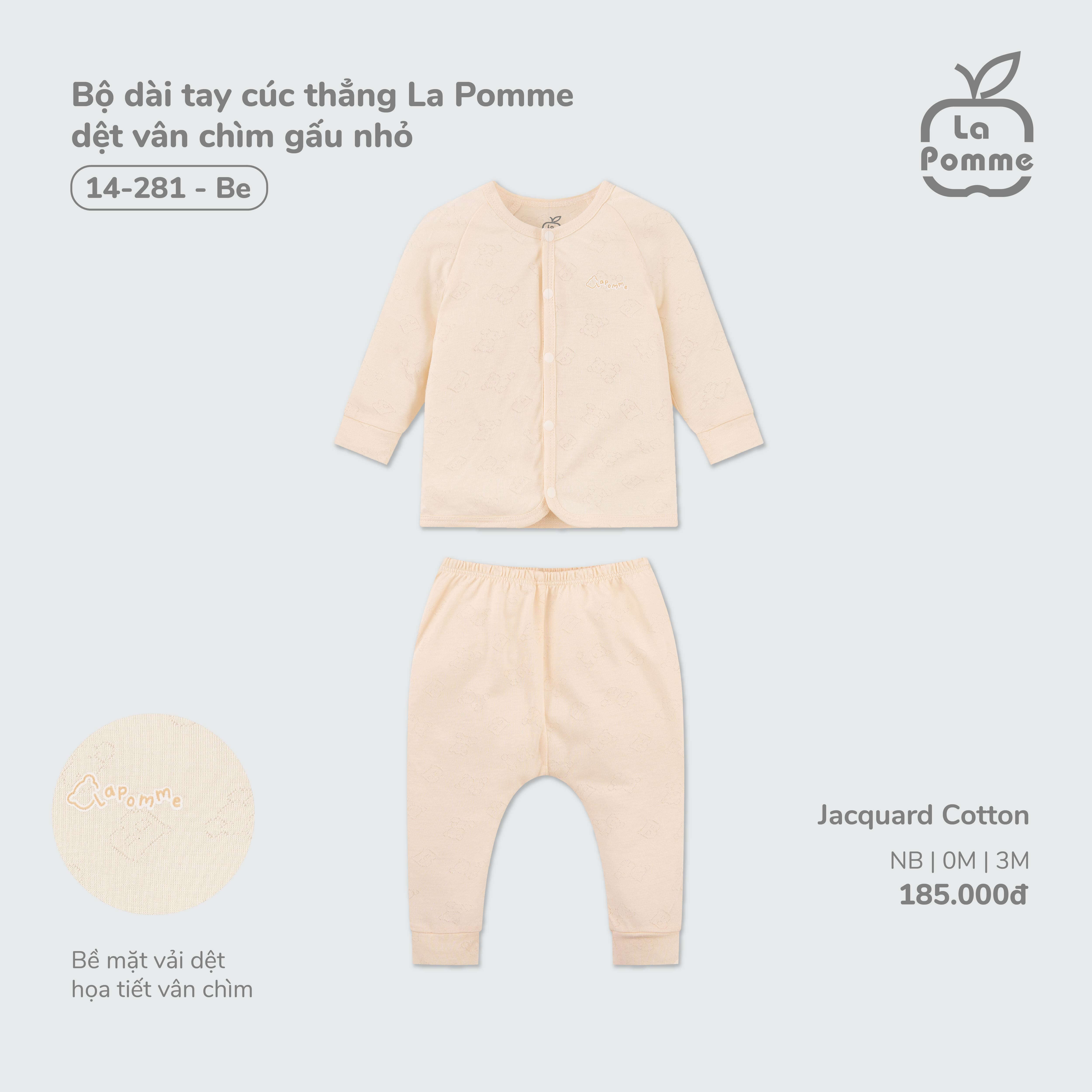 Bộ dài tay cúc thẳng La Pomme dệt vân chìm gấu nhỏ - (Newborn, 0M, 3M) Be