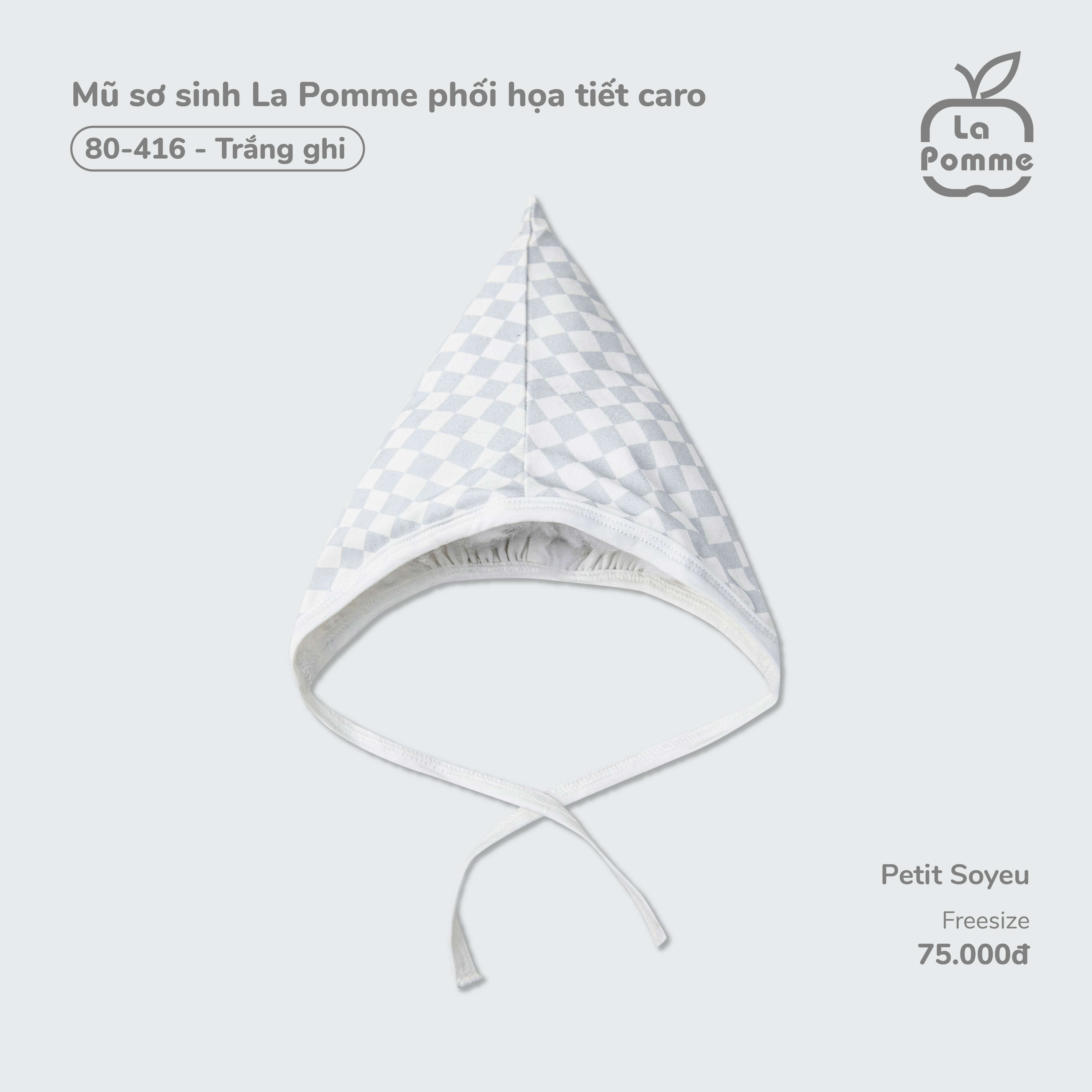 Mũ sơ sinh La Pomme phối họa tiết caro - Trắng Ghi