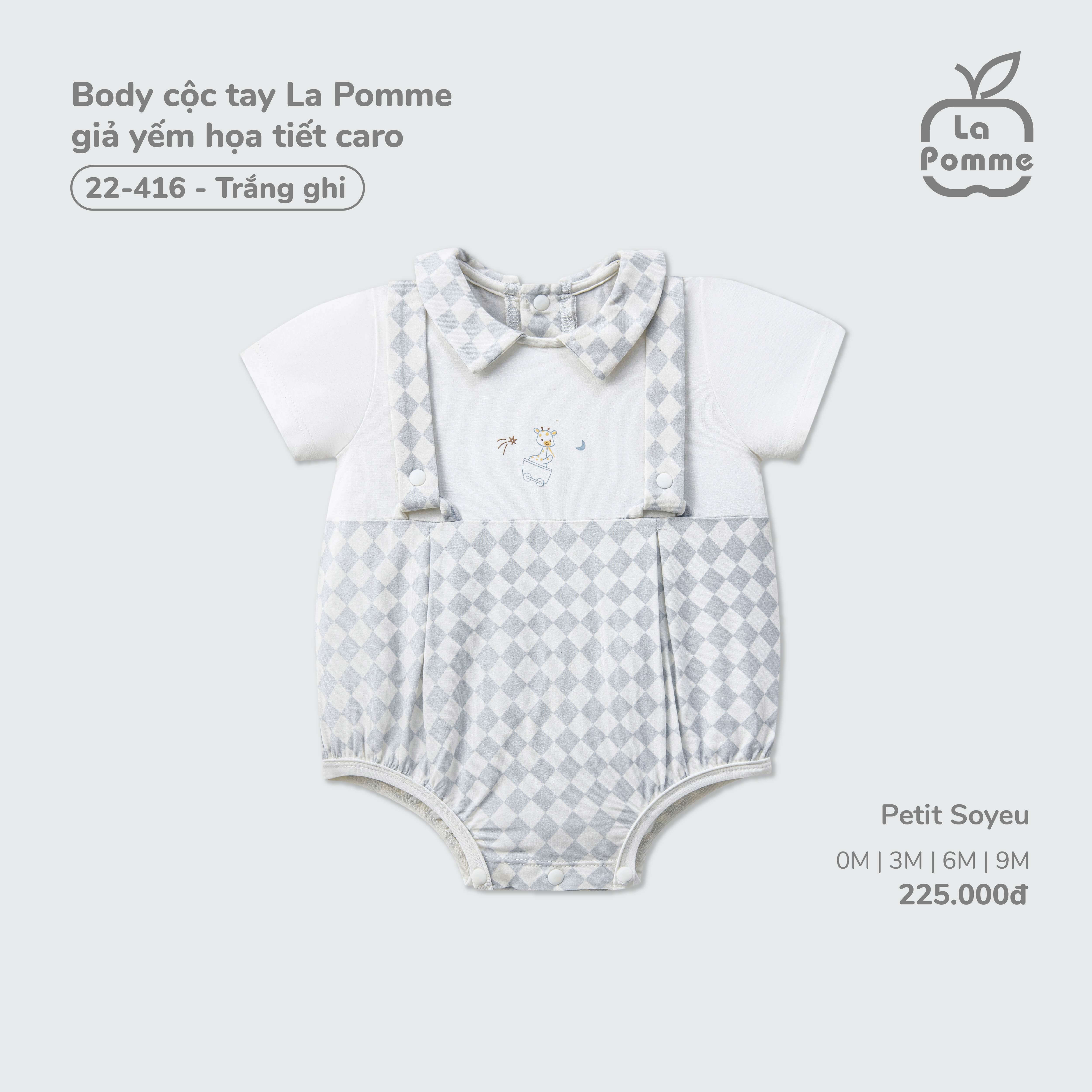 Body cộc tay La Pomme giả yếm họa tiết caro Trắng Ghi (3M,6M,9M)