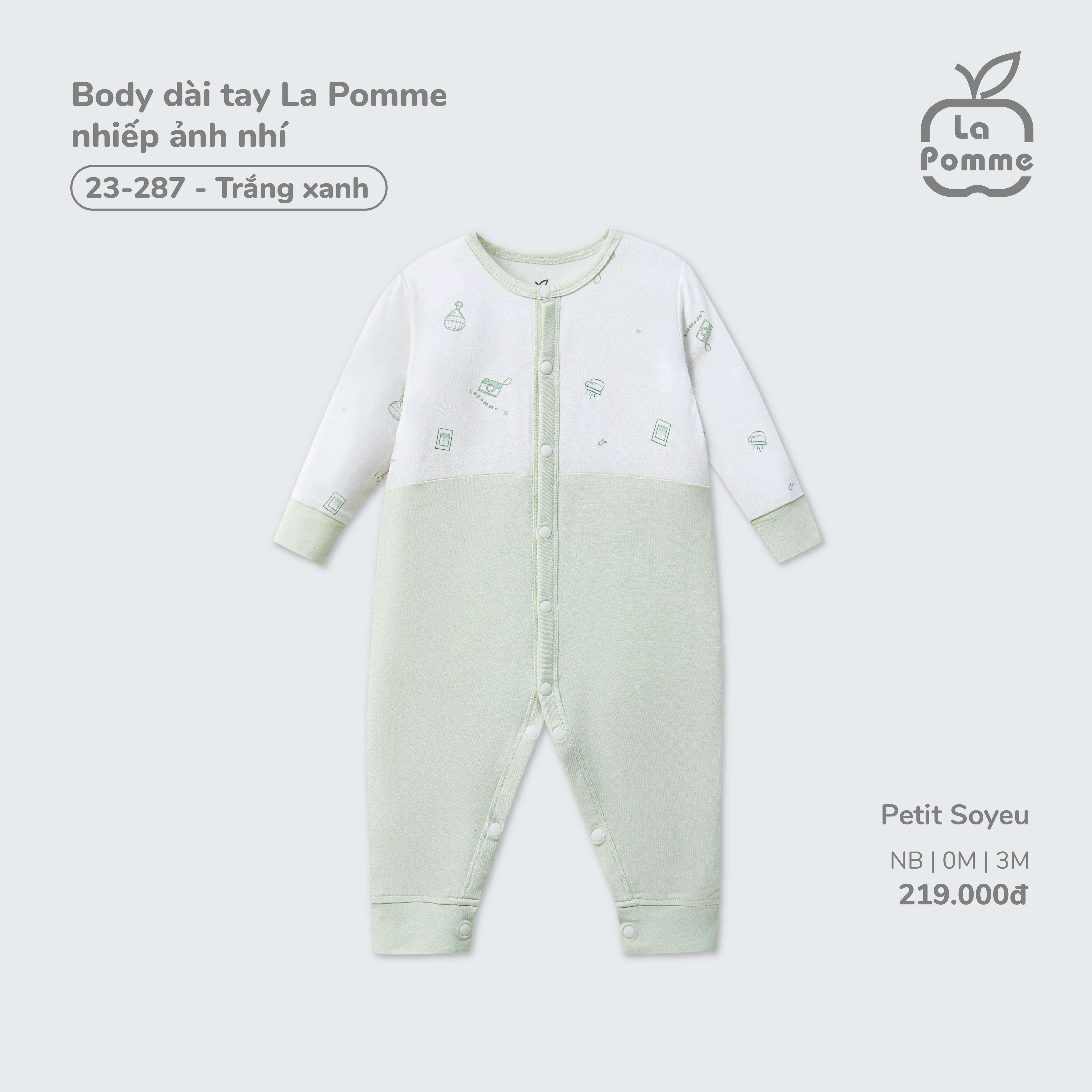 Body dài tay La Pomme nhiếp ảnh nhí Trắng xanh (Newborn,0M,3M)