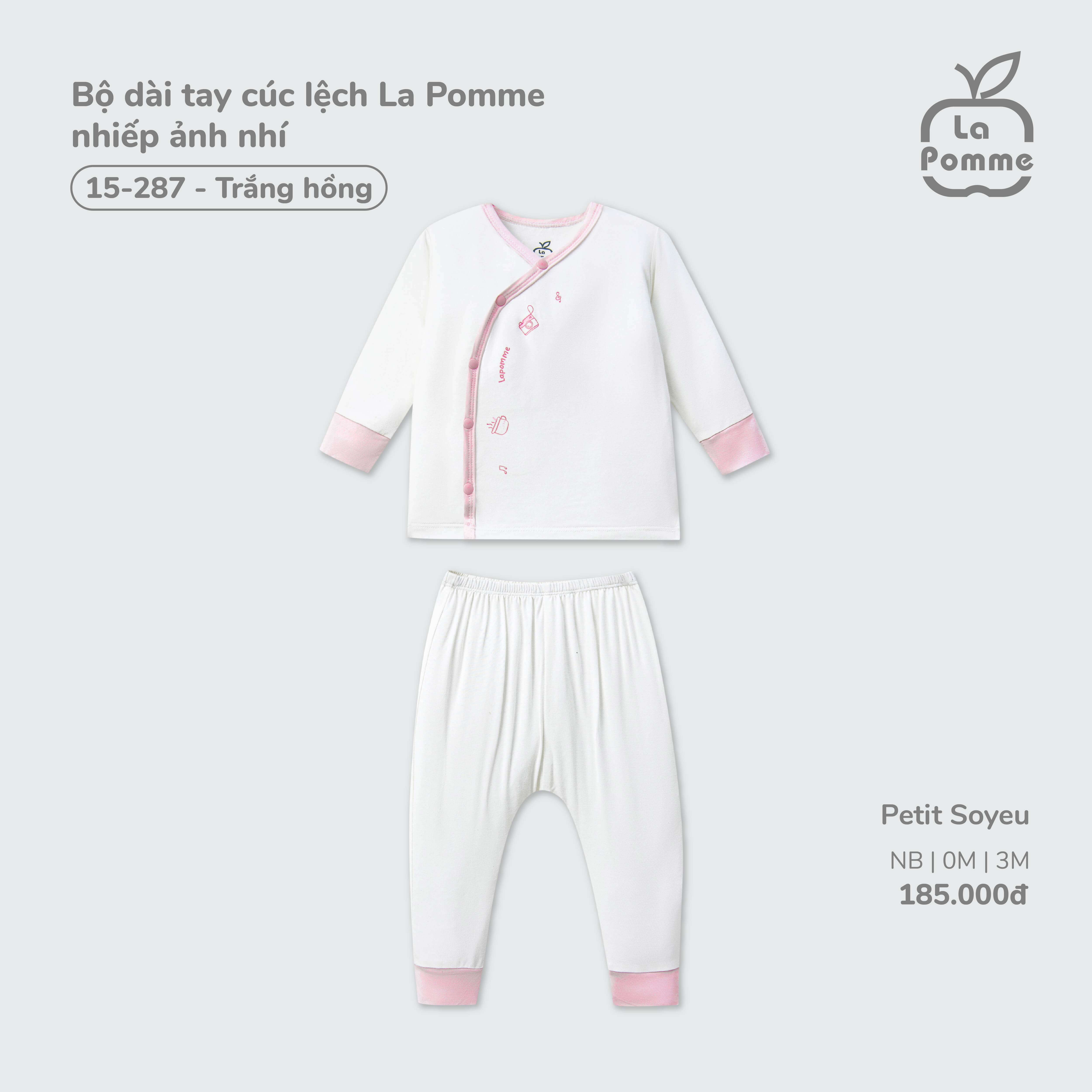 Bộ dài tay cúc lệch La Pomme nhiếp ảnh nhí Trắng hồng (Newborn,0M,3M)