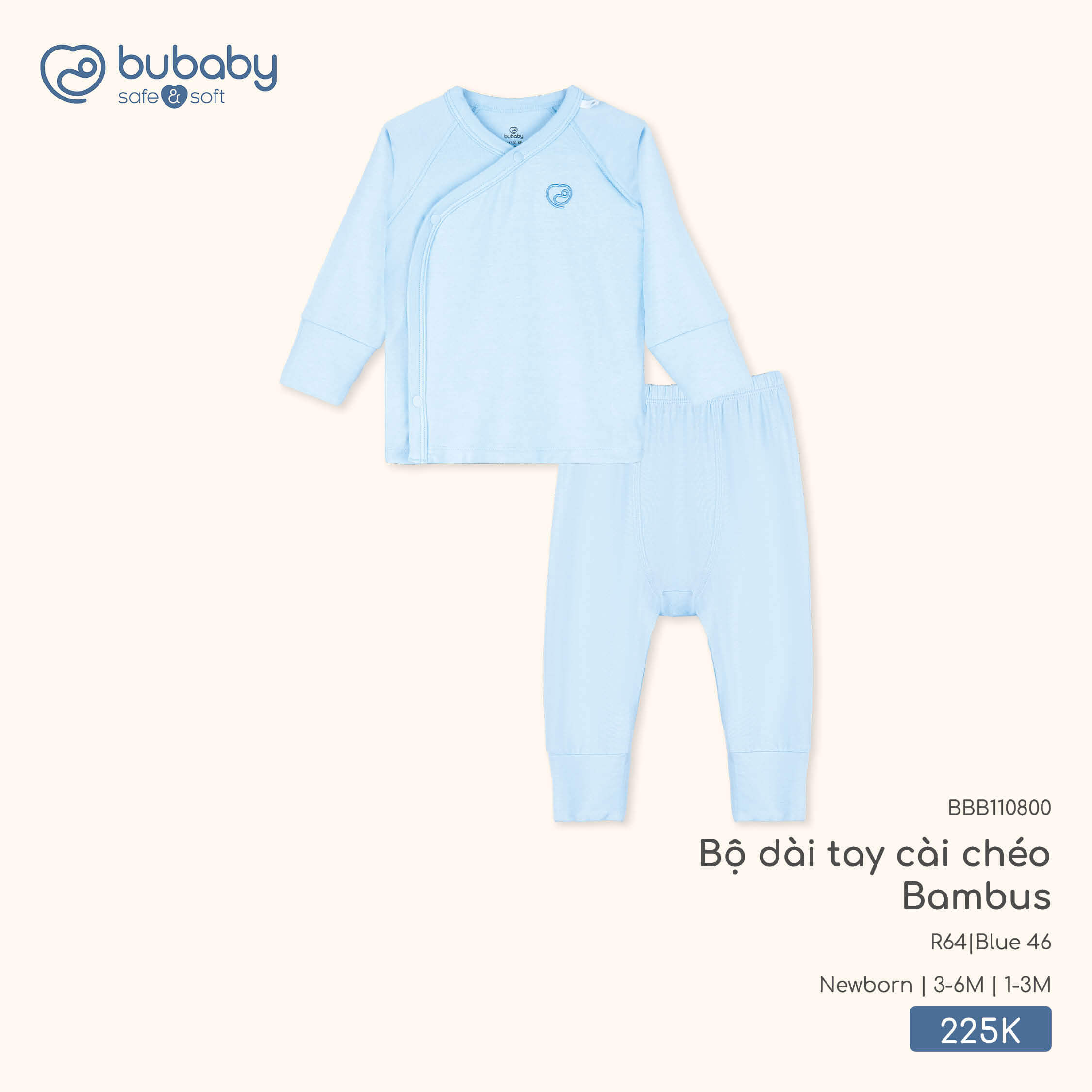 Bu Baby Bộ dài tay cài chéo Bambus Blue 46 (Newborn,1-3M,3-6M)
